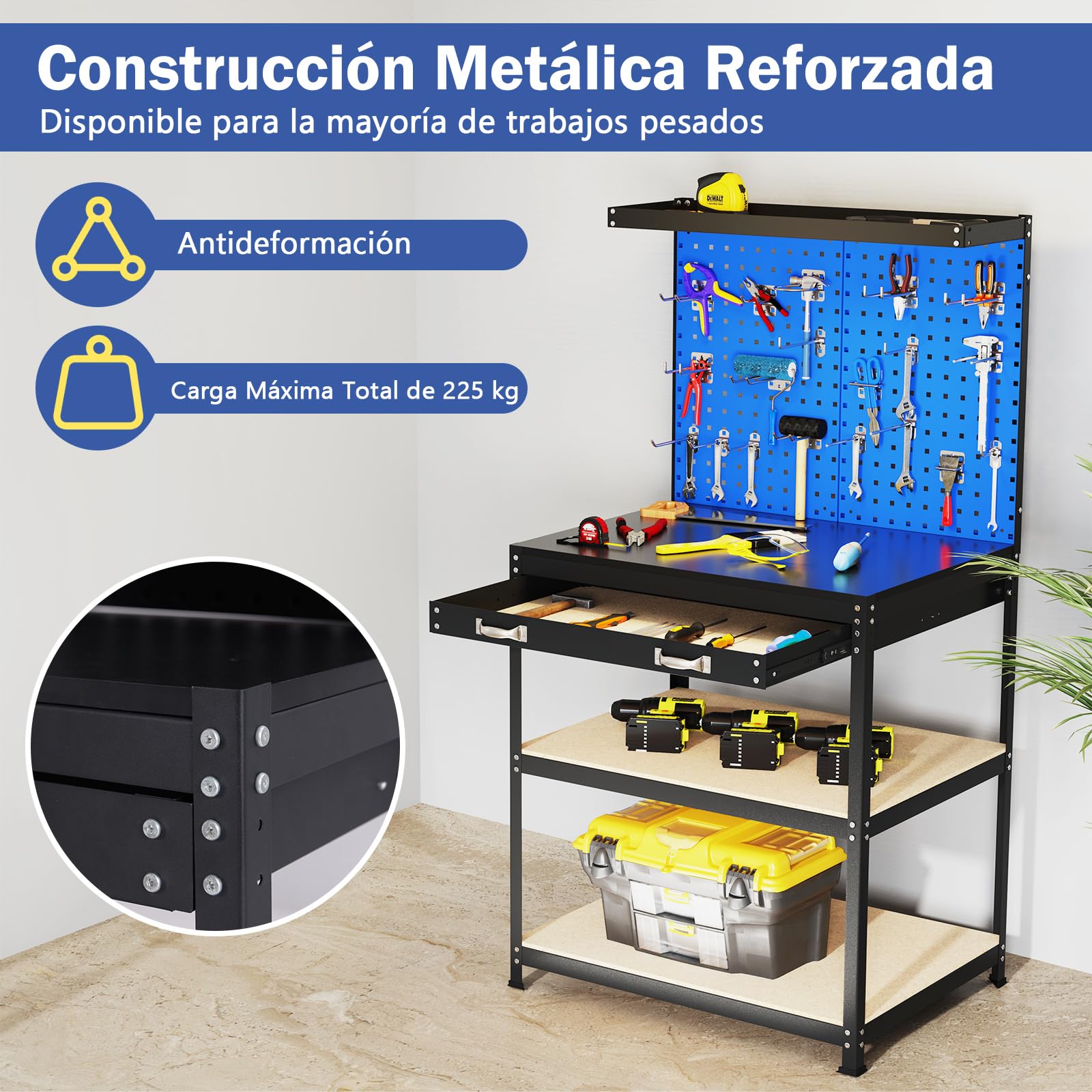 COSTWAY Banco de Trabajo Taller, Capacidad de 225 kg, Mesa de Trabajo con 3 Paneles de Perforación, 2 Cajones y Estantes, 20 Ganchos para Colgar (Azul,81 x 41 x 156 cm)