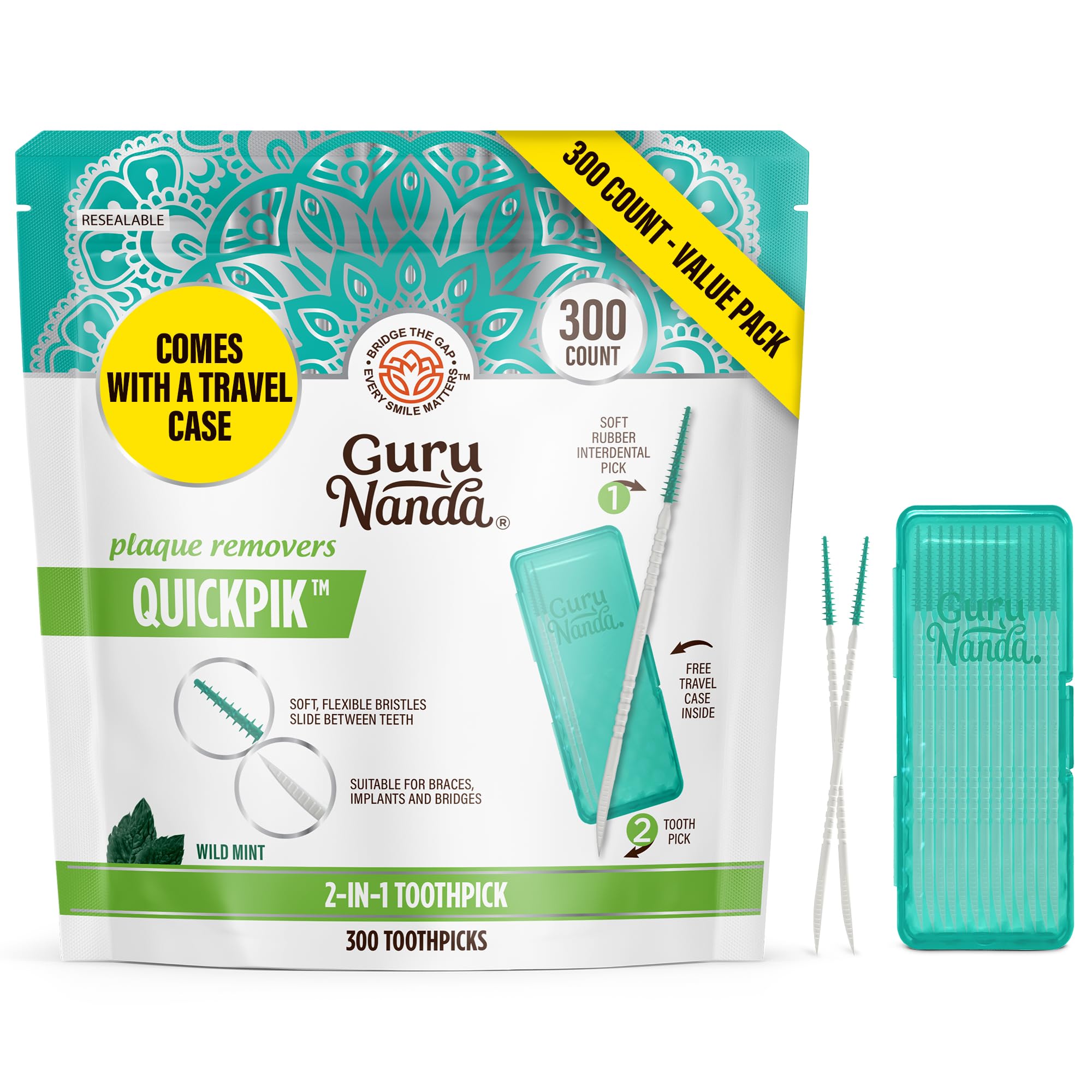 GuruNanda 2-in-1 QuickPik Toothpick Interdental Pick Soft Rubber Bristles for Plaque Removal Improved Oral Care Comes with a