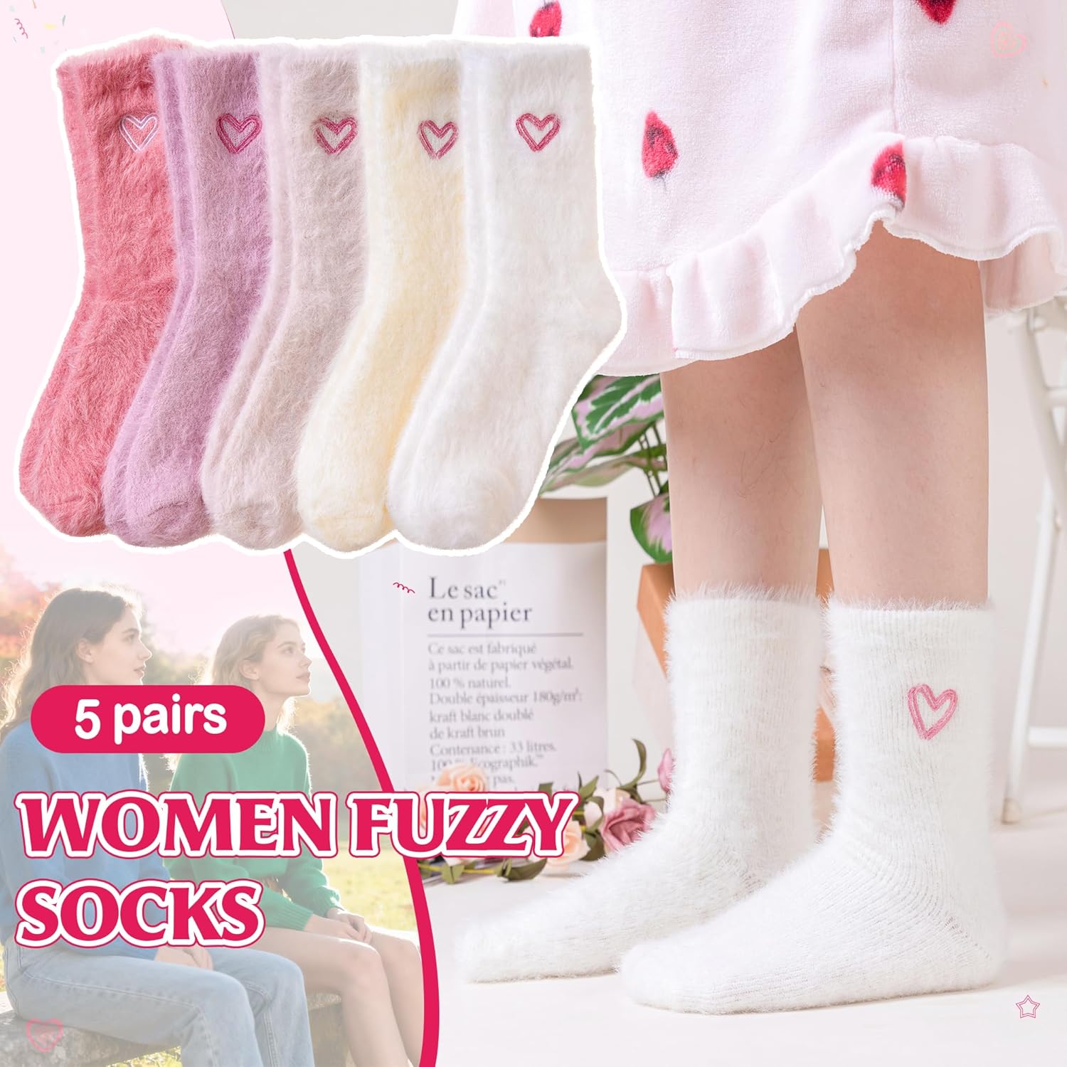 Velice Fuzzy Socks For Women Fluffy Cozy Slipper Pink Heart Bow Warm Winter Home Sleeping Thick Comfy Socks 5 Pairs - Image 5