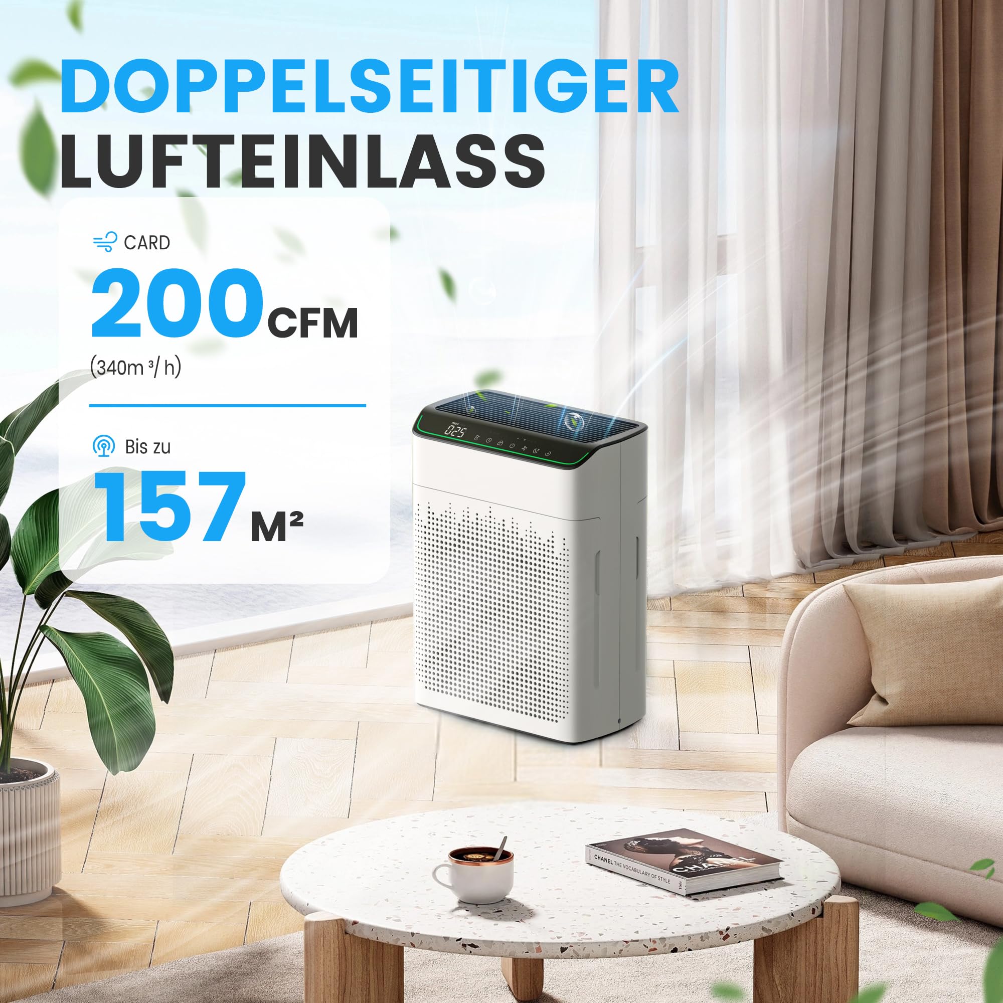 MERONTE Luftreiniger Allergiker für Wohnung Raucherzimmer, Air purifier, CADR 340m³/h für 157㎡ Raucherzimmer, PM 2,5 Luftqualitätsmonitor, WiFi- und Alexa-kompatibel, 1 Pack + 4 Modi