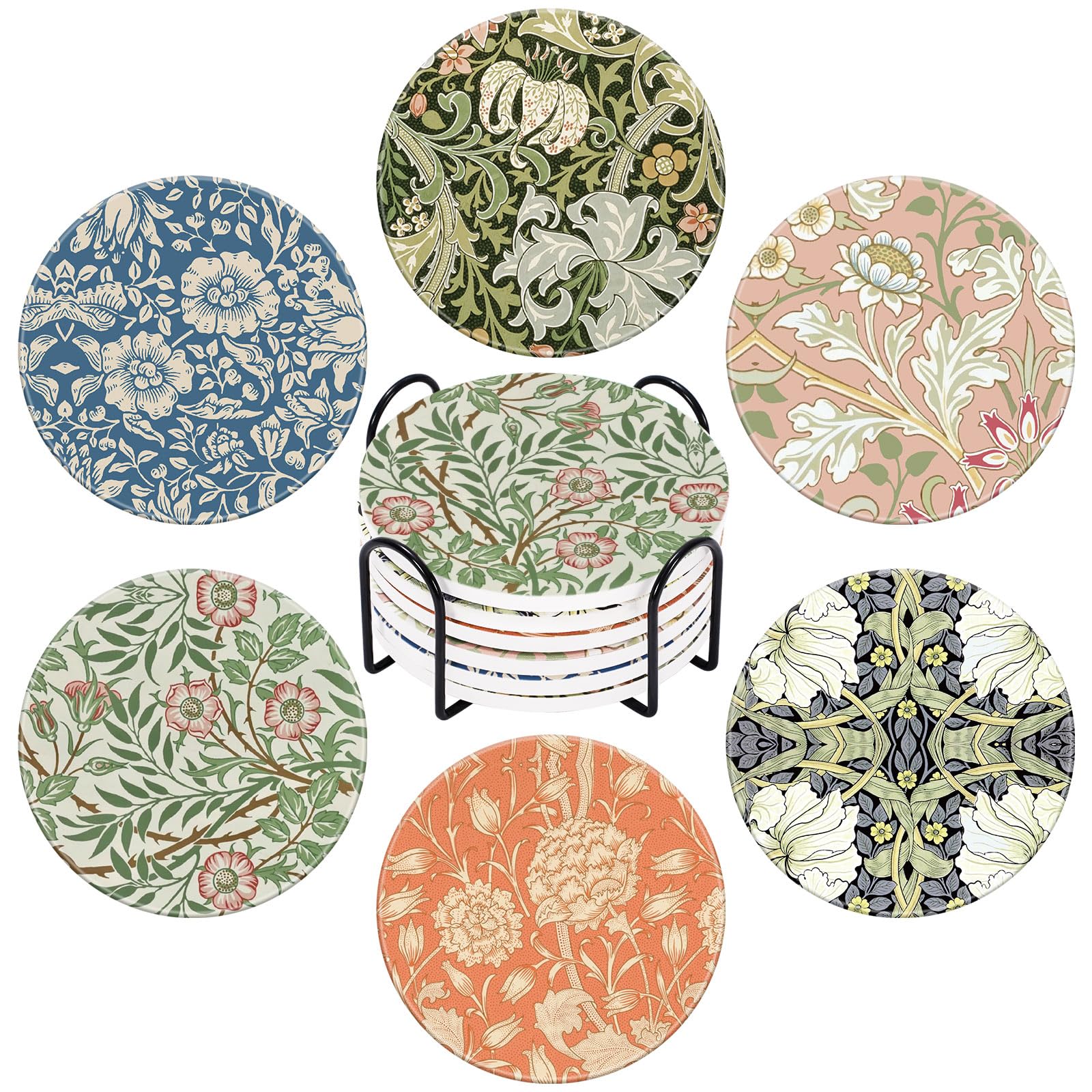 6Pcs William Morris Floral Ceramic Coaster Plant Flower Absorbent Drink Coaster with Cork Base and Metal Holder for Coffee Table Room Bar Home Decor