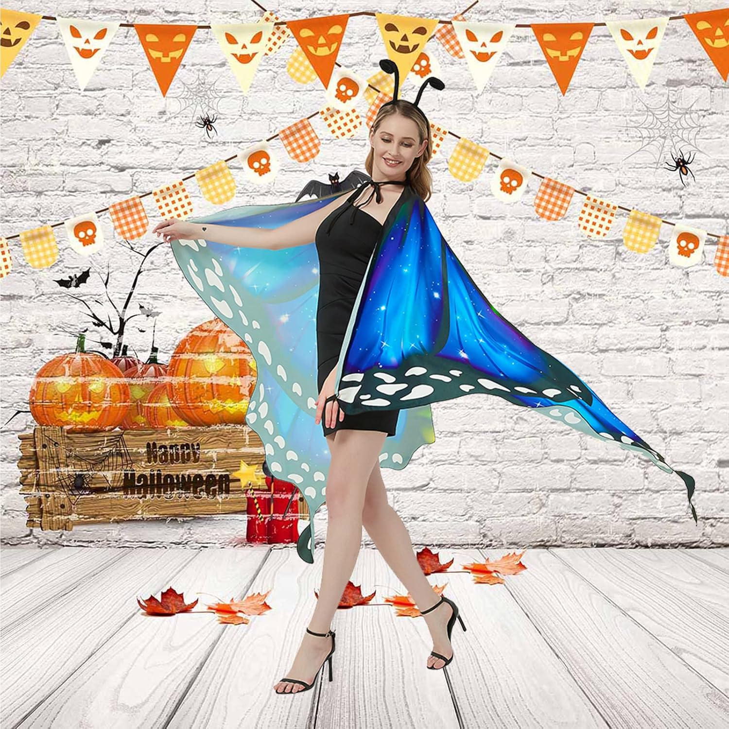 Miniatura 6 de Disfraz de alas de mariposa para mujer, alas de hada, disfraz de Halloween, capa de mariposa con máscara y diadema de antenas