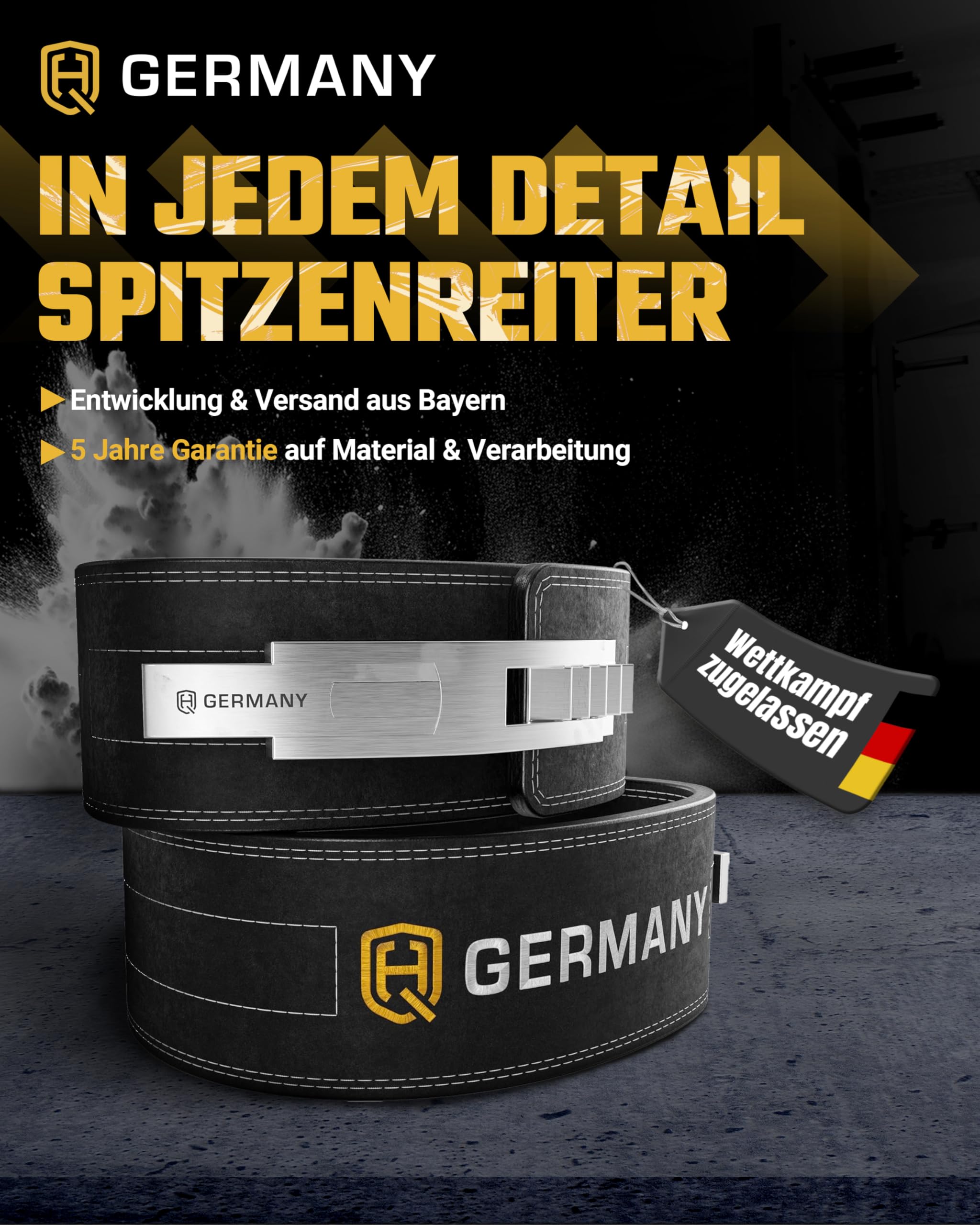 HQ Germany® Gewichthebergürtel S-XL [Echtleder] - Weightlifting Belt | 100% Rindsleder, doppelläufige Naht, veredelte Kanten, Edelstahl-Schnalle, verklebte Lederschichten, knarzfrei