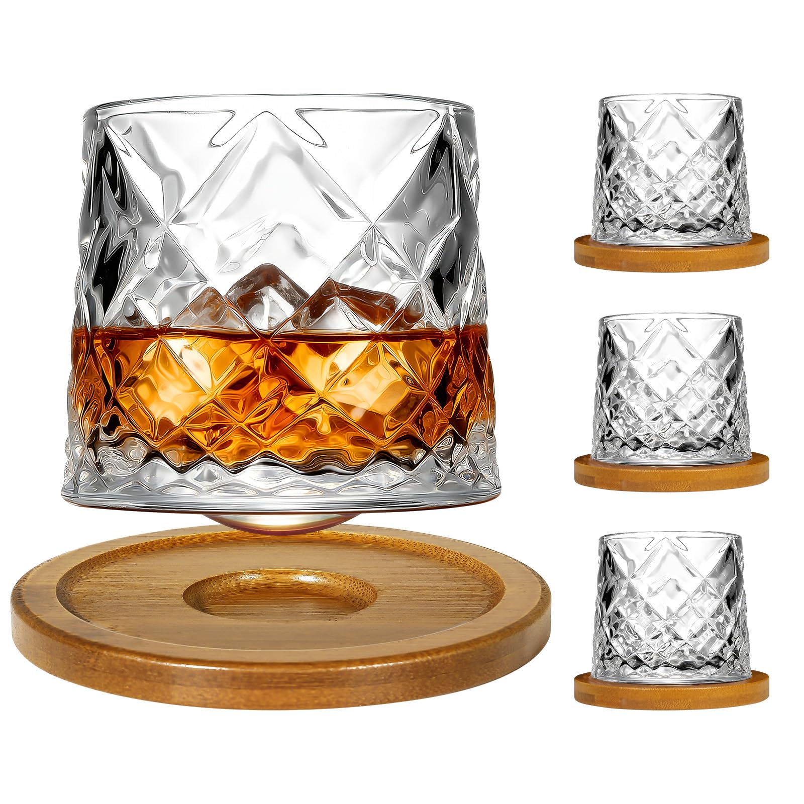 Rotatable Old Fashioned Crystal Whiskey Glass Set of 4, 275ml/10oz With Wood Coaster - Thickened for Rum, Cocktails, Coffee, Milk - Relax and Reduce Stress