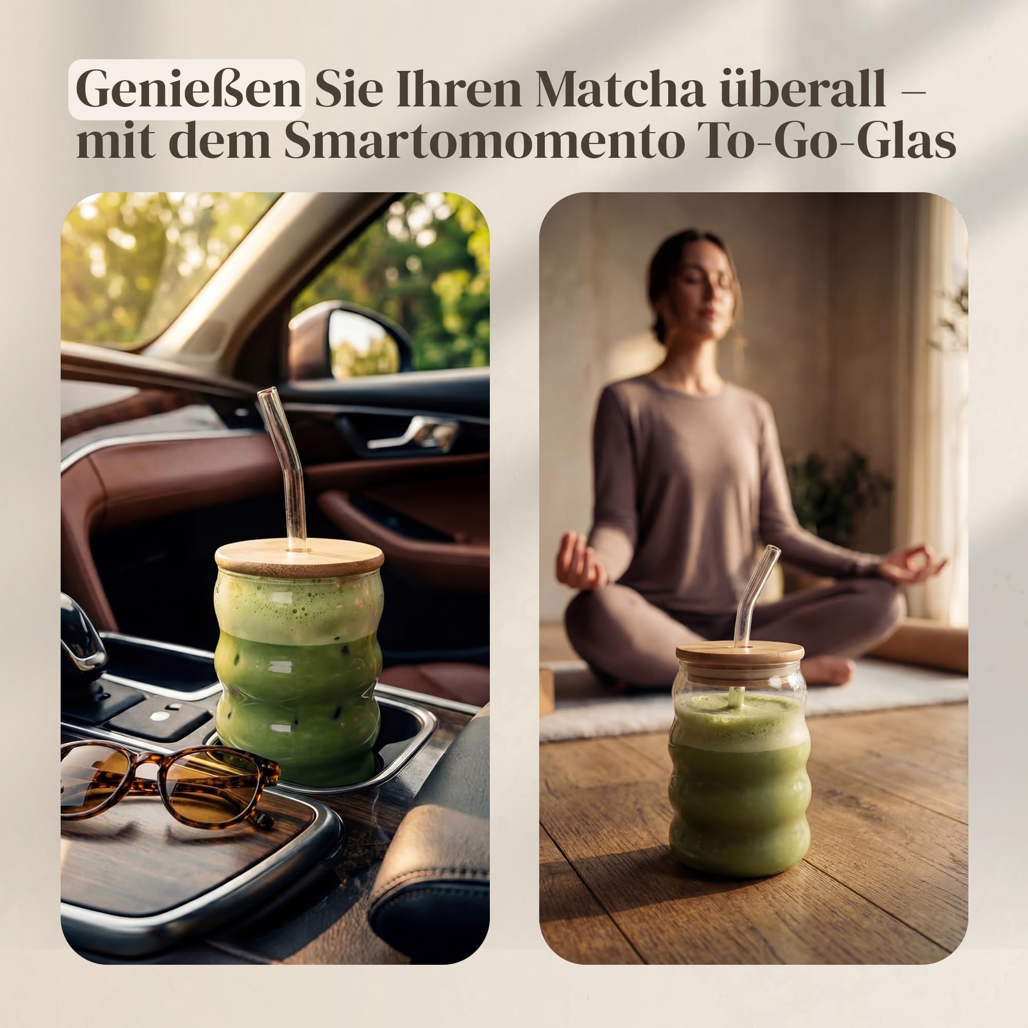 Matcha Set 8-teilig, Matcha Tee Set mit Matcha Schale mit Ausguss, Bambusbesen (Chasen), To Go Glas mit Deckel & Glasstrohhalm, Bambus Tablett – Luxus Geschenkset