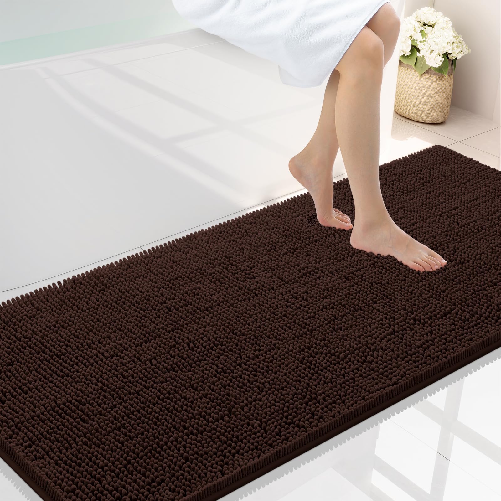 Smiry Luxury Chenille Bathroom Rugs 59x24, Extra Soft and Absorbent Shaggy Bath Mat, Machine Washable, Non-Slip Plush Carpet Runner for Tub, Shower, and Floor, Home Decor Accessories, Brown