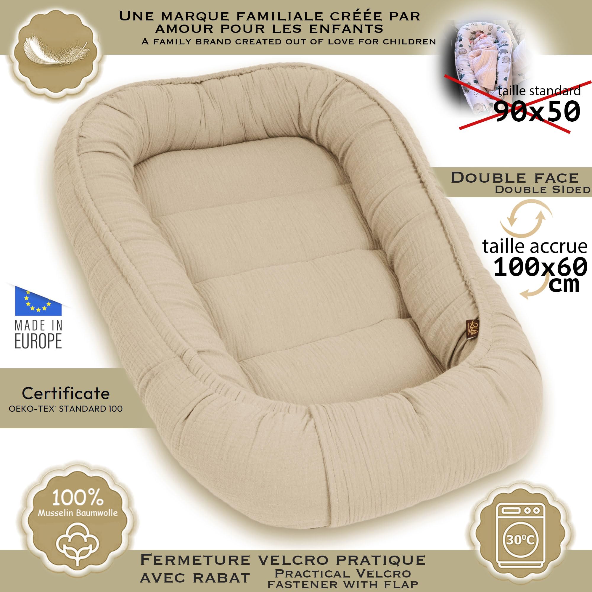 PaLulli Cocon pour bébé en 100% Coton Mousseline Premium, nid Douillet 100x60cm avec Rabat à Fermeture Velcro, Matelas à Langer, lit Douillet, Cocon pour lit de bébé - bébés et Nourrissons (Beige)