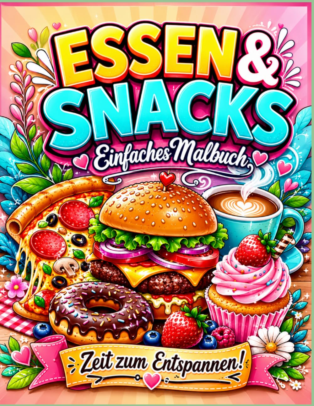 Essen Trinken & Snacks Malbuch: 60+ Einfache und Große Illustrationen von Lebensmitteln, Desserts und Getränken zur Entspannung für Kinder und Erwachsene.