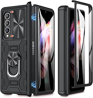 Caka for Z Fold 3 Case, Galaxy Z Fold 3 Case with Slide Camera Lens Cover, Built-in Kickstand Ring Holder Tempered Glass Screen Protector, Magnetic Case for Samsung Z Fold 3 5G (Black)