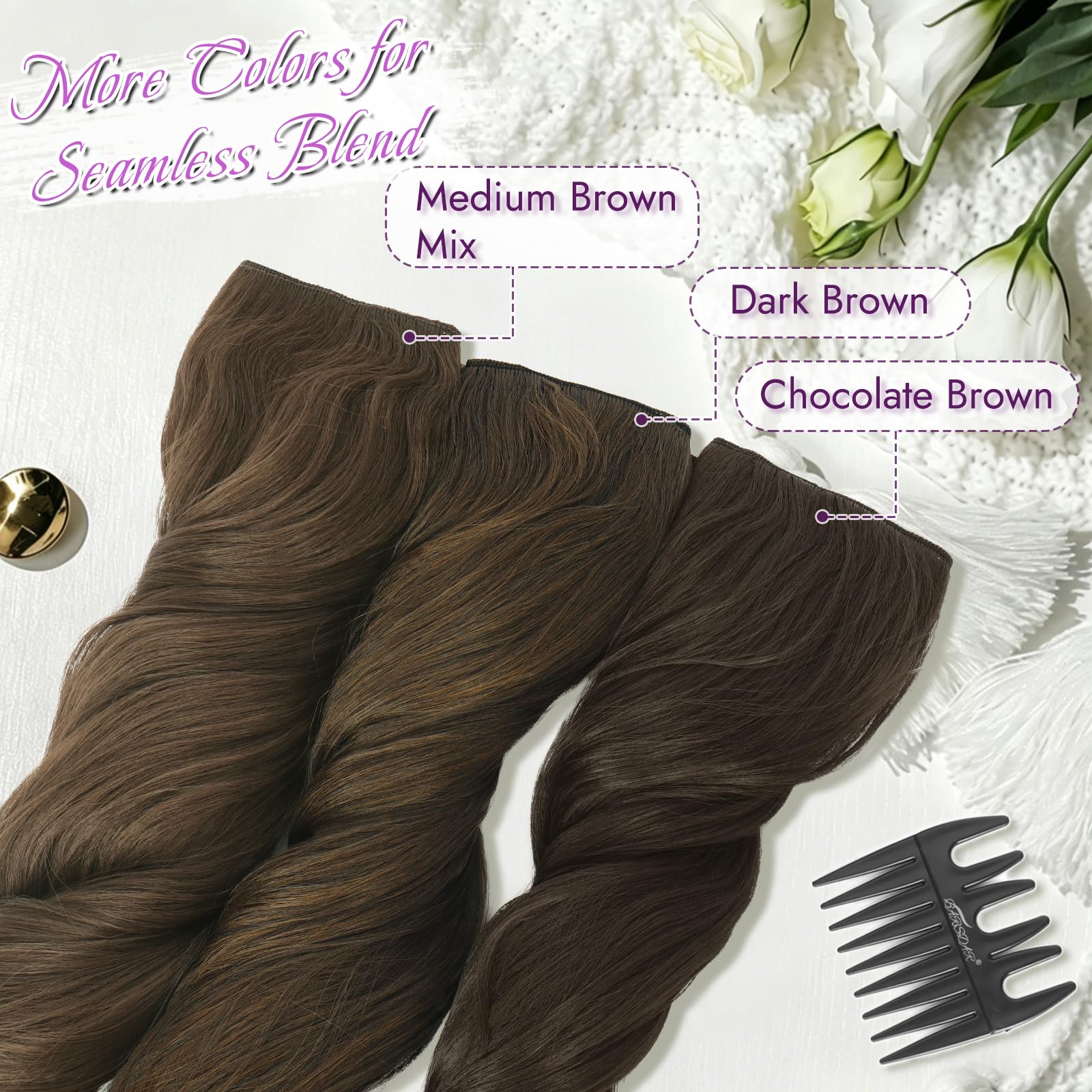 BARSDAR 2 Piezas Hilo Invisible Extensiones de Cabello, 50cm Ondulado Layered Sintética Clip in Marrón Hair Extensions para Mujer Aspecto Natural Lace Weft Invisible Wire Postizos, Chocolate Marrón