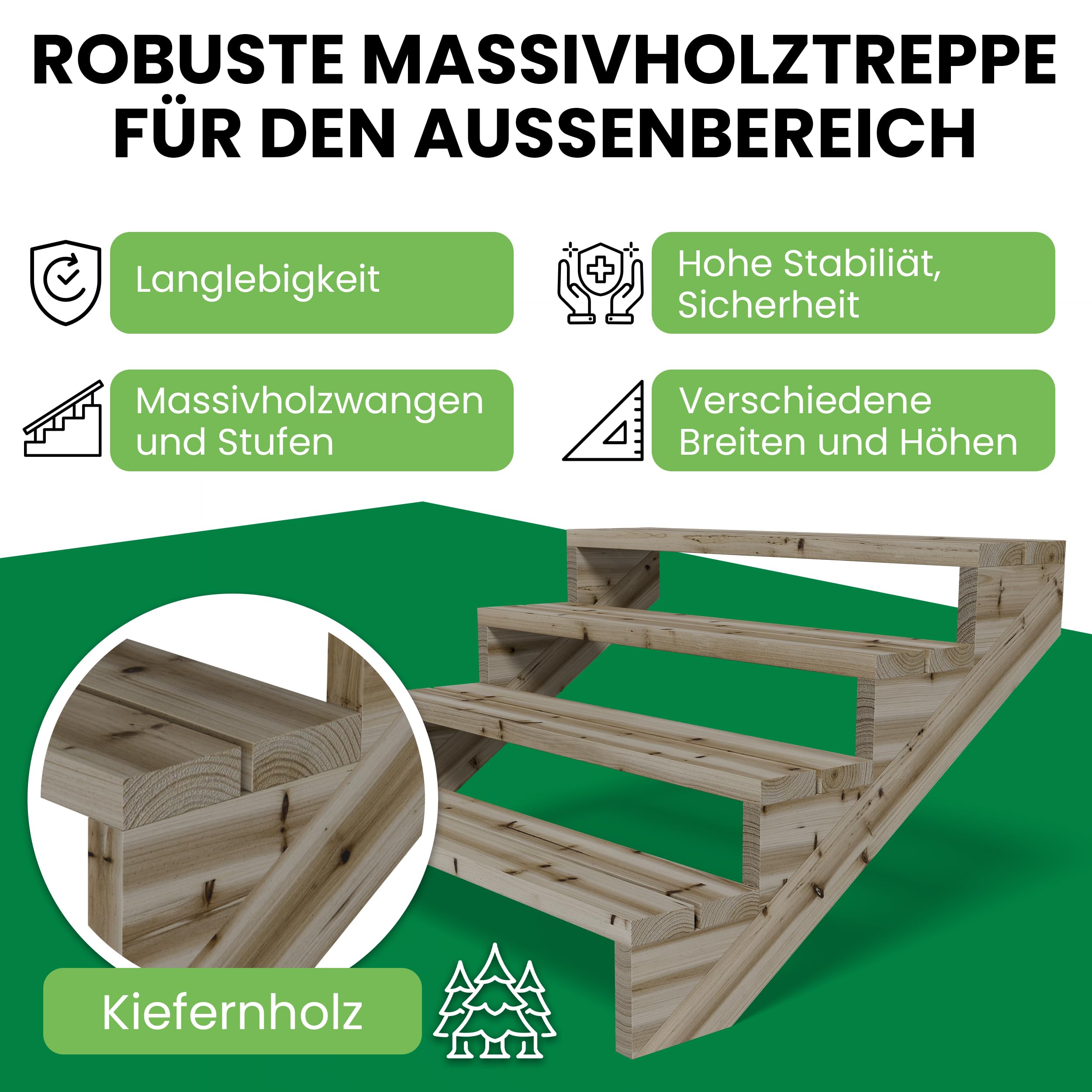 Gartenwelt Riegelsberger Escalera de terraza de pino impregnado – 120 cm de ancho, 4 peldaños, altura total 72 cm, escalera exterior de madera maciza resistente a la intemperie, incluye mejillas