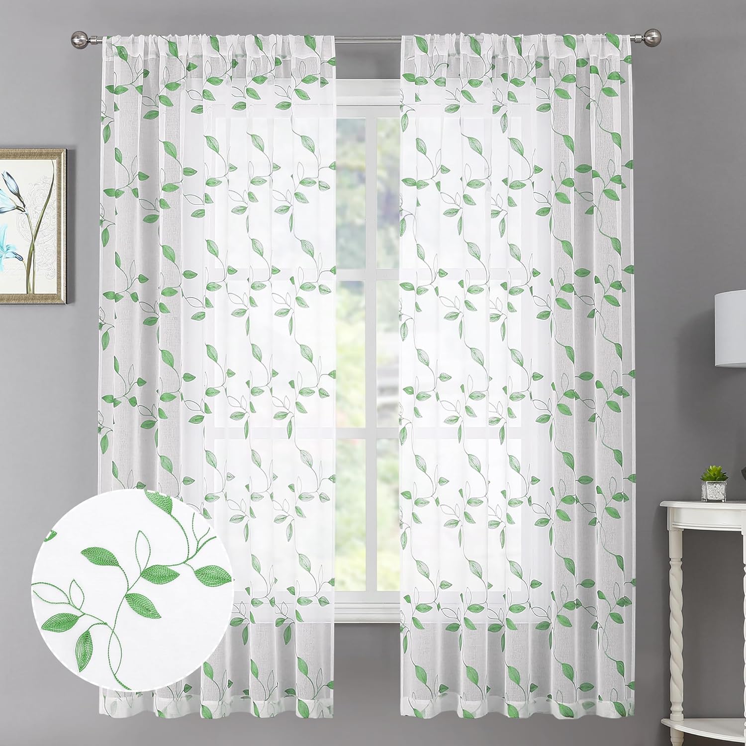 Tollpiz Green Leaf Sheer Curtain Leaves Embroidered Bedroom Curtains Rod Pocket