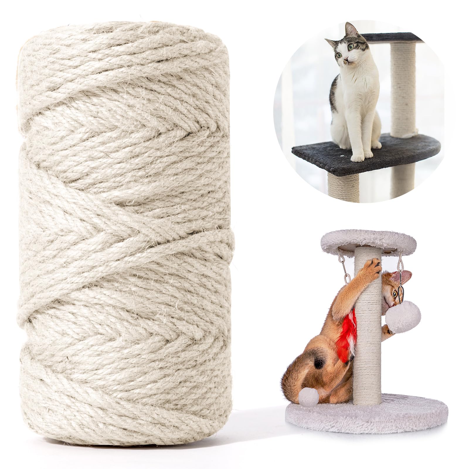 Cuerda de sisal para rascador de gatos, 164 pies/50 m, cuerda de yute natural de 6 mm de grosor para postes de rascar, cuerda de árbol de gato, cuerda de árbol de gato, reemplazo de poste de rascado,