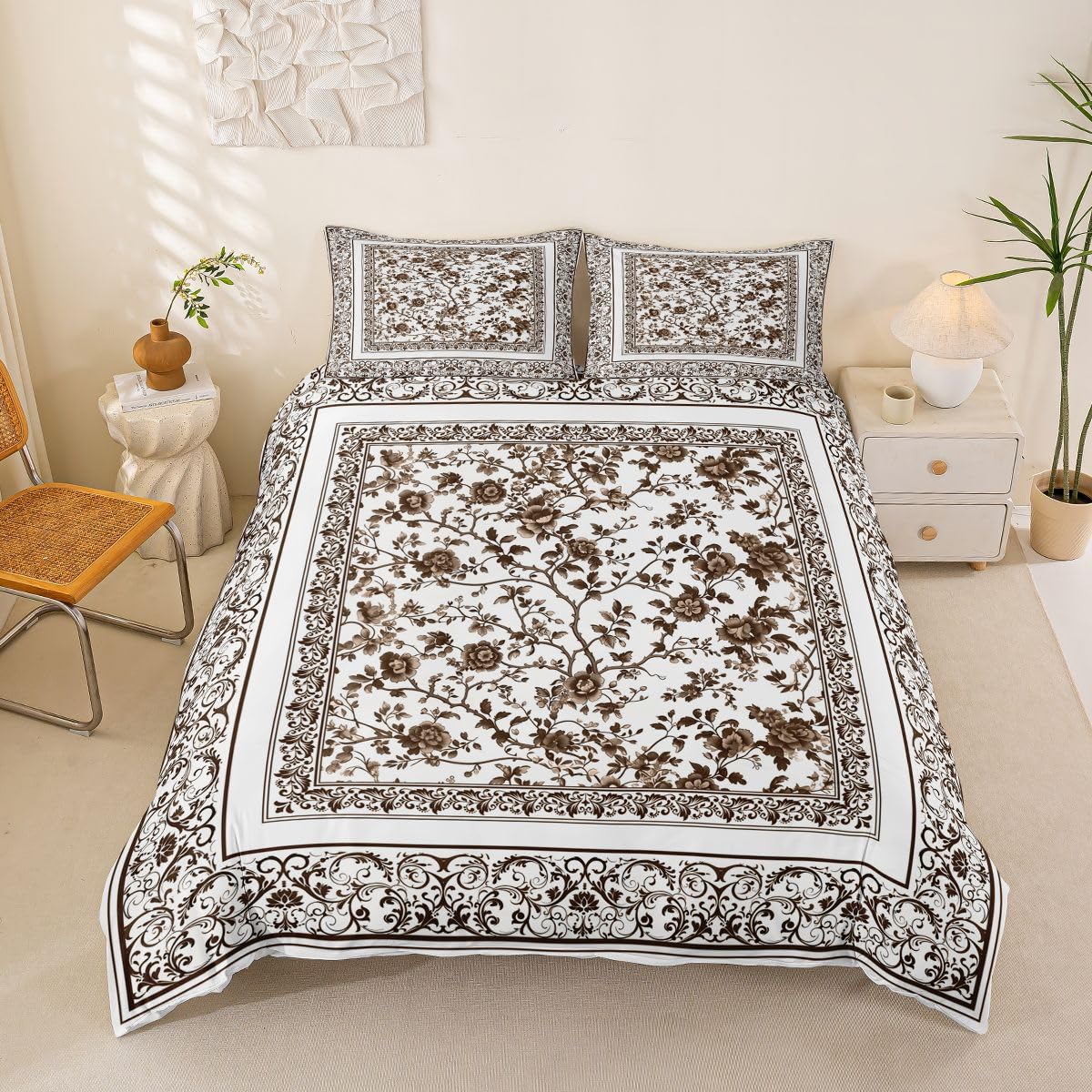 Homemissing Floral Duvet Cover Super King Size Brown Flowers Bedding Set for Boys Girls Botanical Floral Printed Comforter Cover Natural Theme Bedroom Decor 3Pcs
