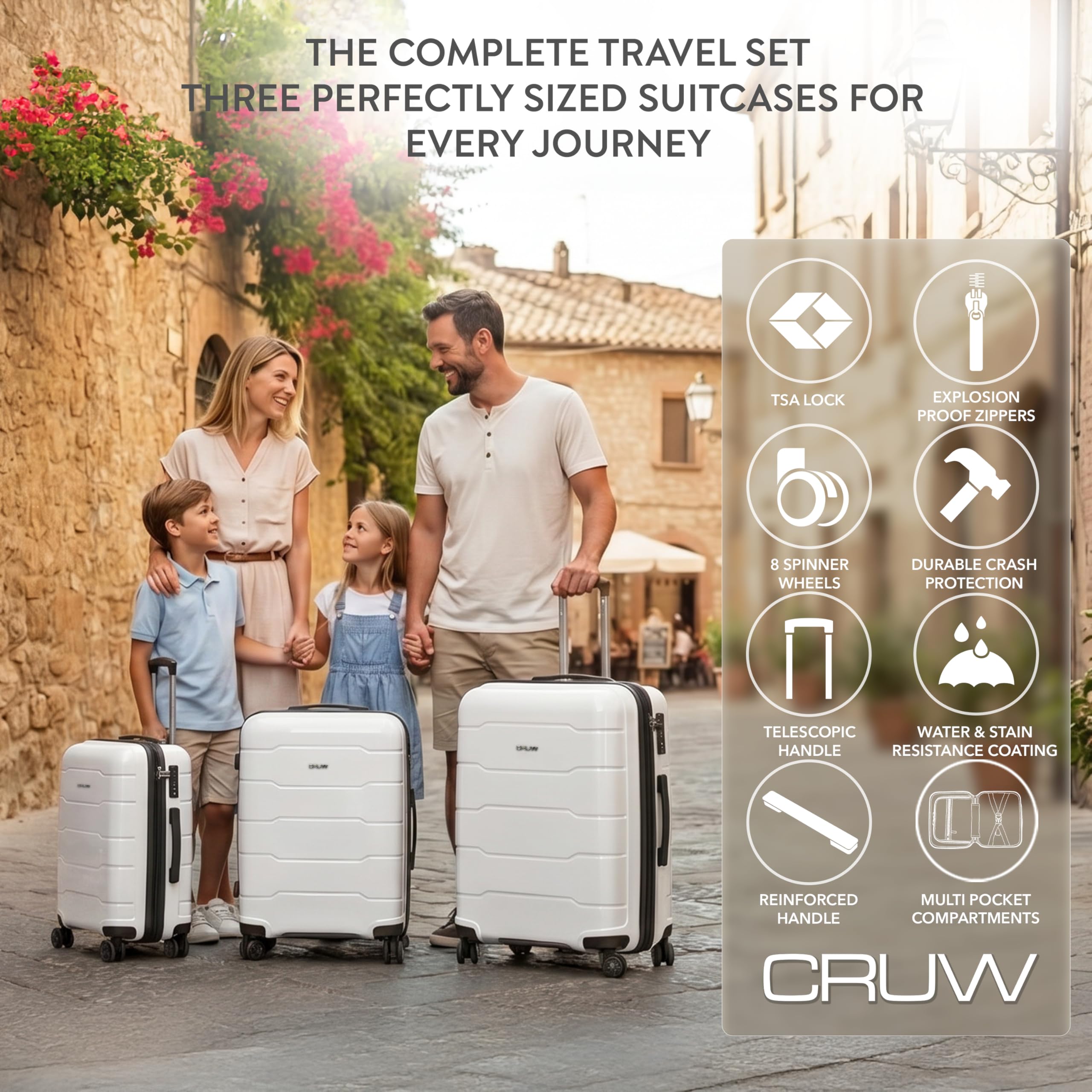 CRUW 3-Piece Luggage Set Expandable Polypropylene Suitcase Set TSA Locks 8 Silent Spinner Wheels Lightweight Nested Suitcases Travel Set easyJet British Airways Jet2 Airline-Approved Carry-On White