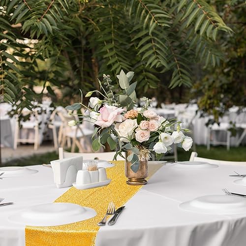 Miniatura 7 de 6 manteles redondos de plástico de 84 pulgadas y 6 piezas de camino de mesa de lentejuelas con purpurina de 12 x 108 pulgadas, mantel circular