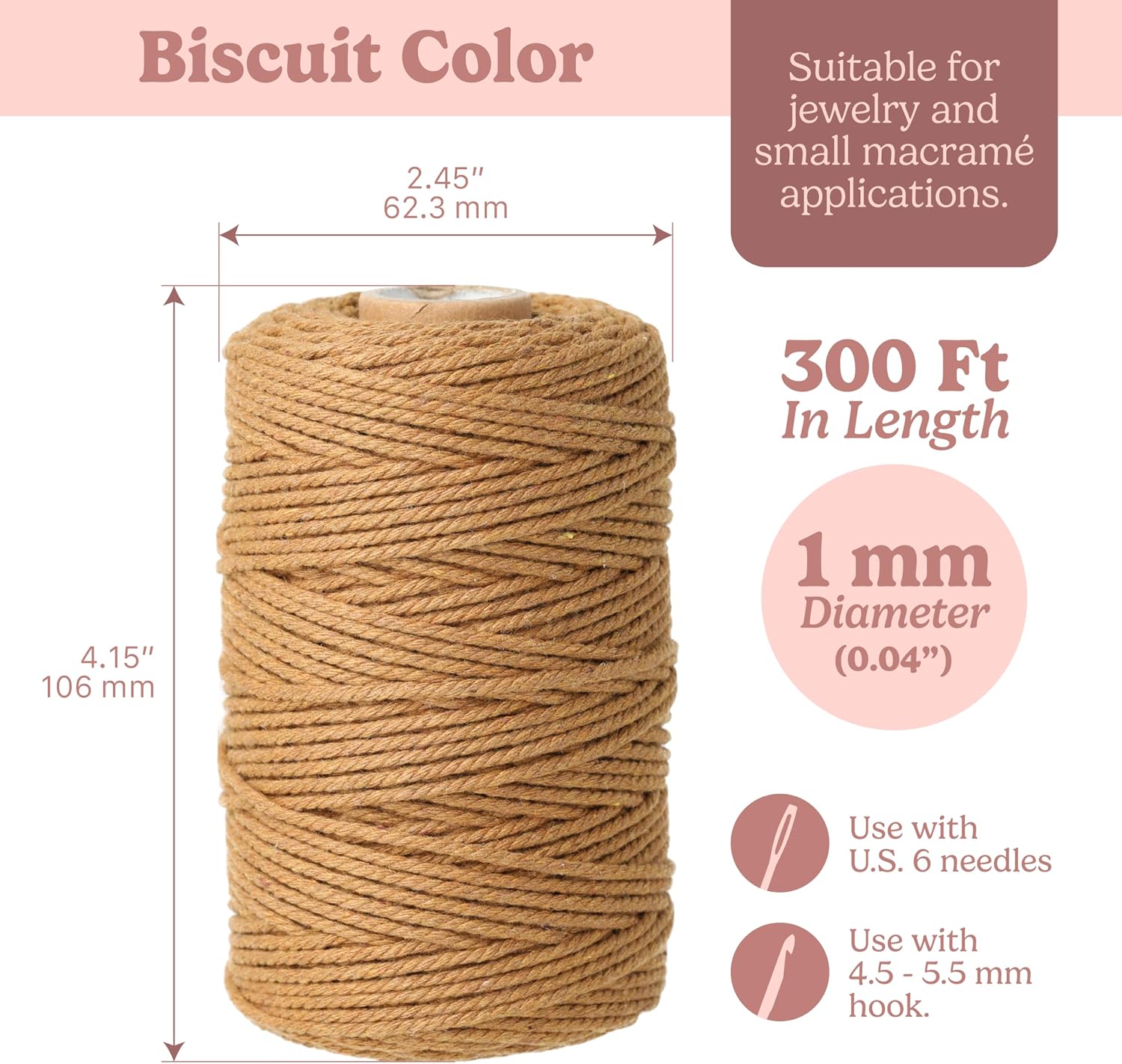 Cora’s Cotton Craft Cord – Twisted Macramé Cord, Biscuit Brown, 1 mm, 300 Ft, Light Weight, 75% Cotton image 3