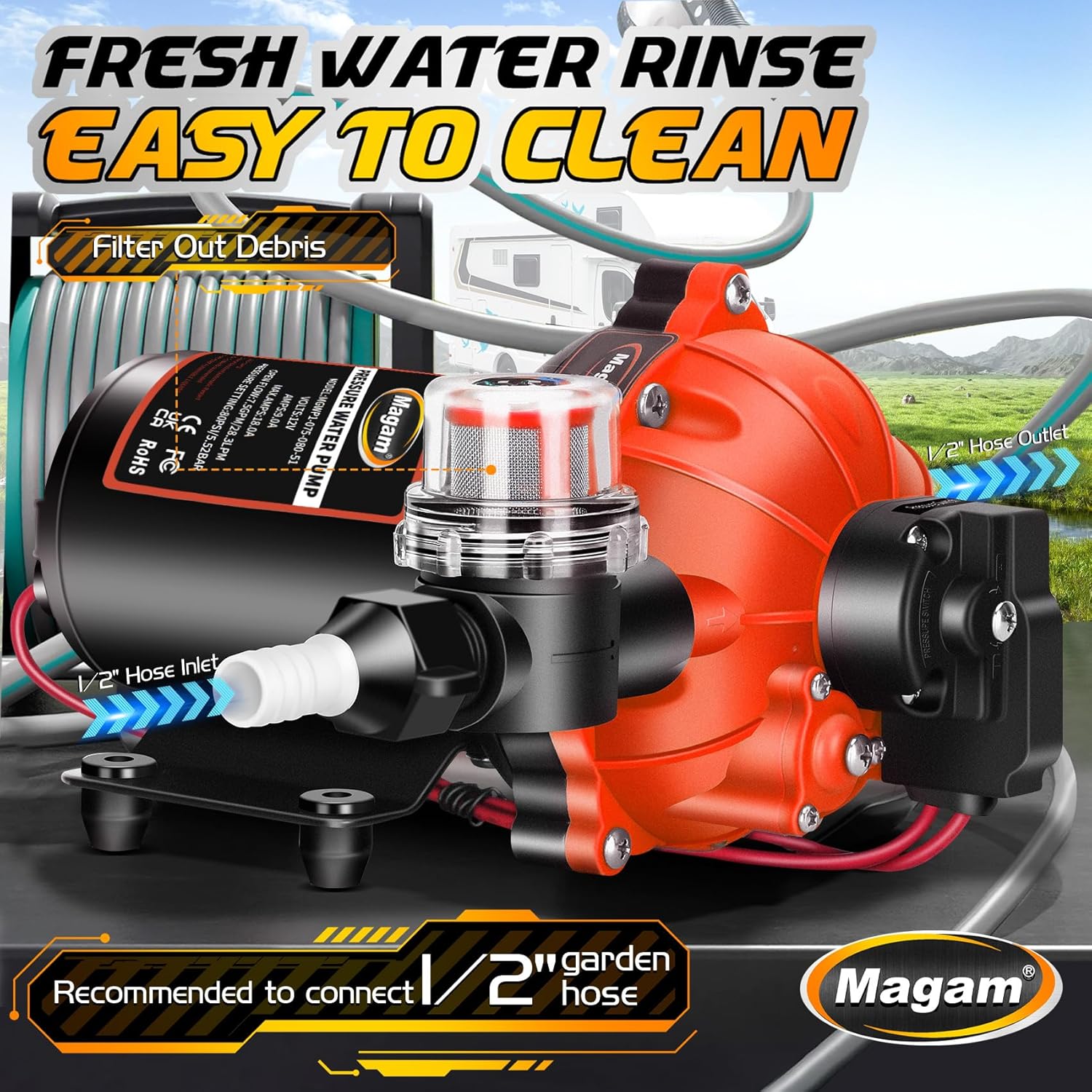 12V Washdown Pump Kit with 7.5 GPM & 80 PSI,RV Fresh Water Pump,Five Chamber Self-Priming Diaphragm Pump with Heavy Duty Pressure Switch,Nozzle & Filter – Ideal for Boats, RVs, Yachts & Campers