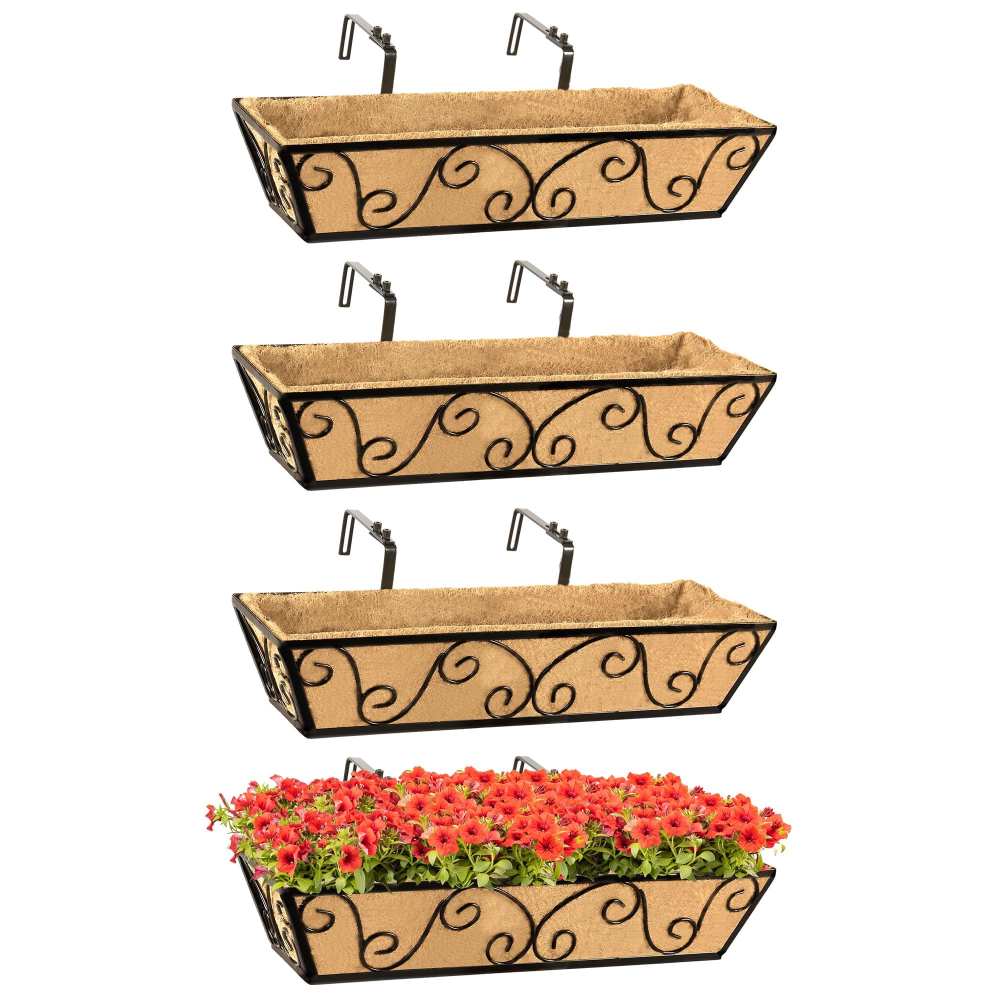 Hfhome Butterfly-4P Set Of 4 24"/60.9Cm Wall Trough Rail Planters, Metal Butterfly Planter Box With Coco Liner, Long Flowerpot For Railing Window Box Porch Balcony & Outdoor Fences