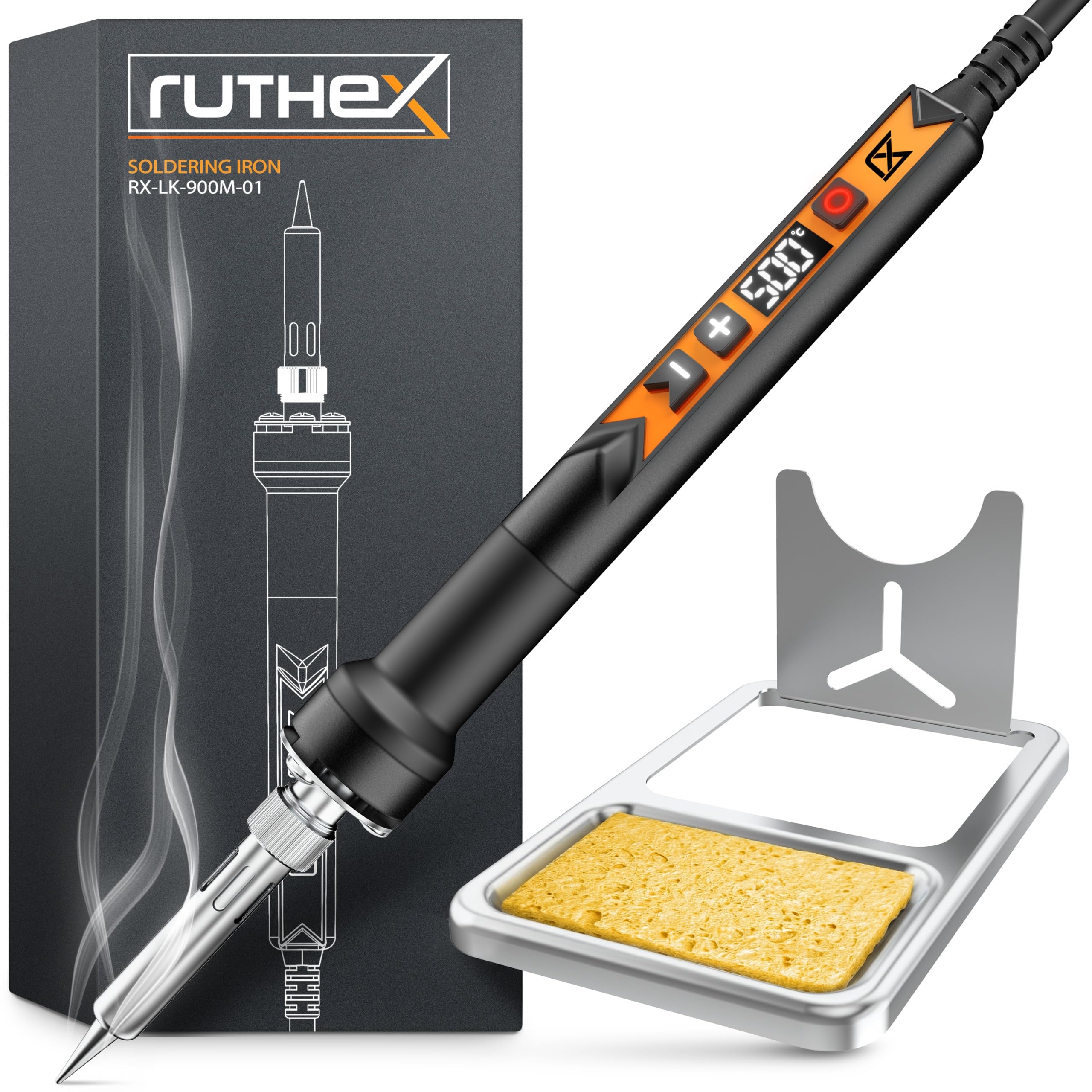 ruthex Soldador de 900 m con pantalla LED, 90 W, temperatura ajustable 150 ~ 500 ℃, fase de enfriamiento con indicador de temperatura LED, pistola de soldadura con punta de 900 m, incluye soporte de