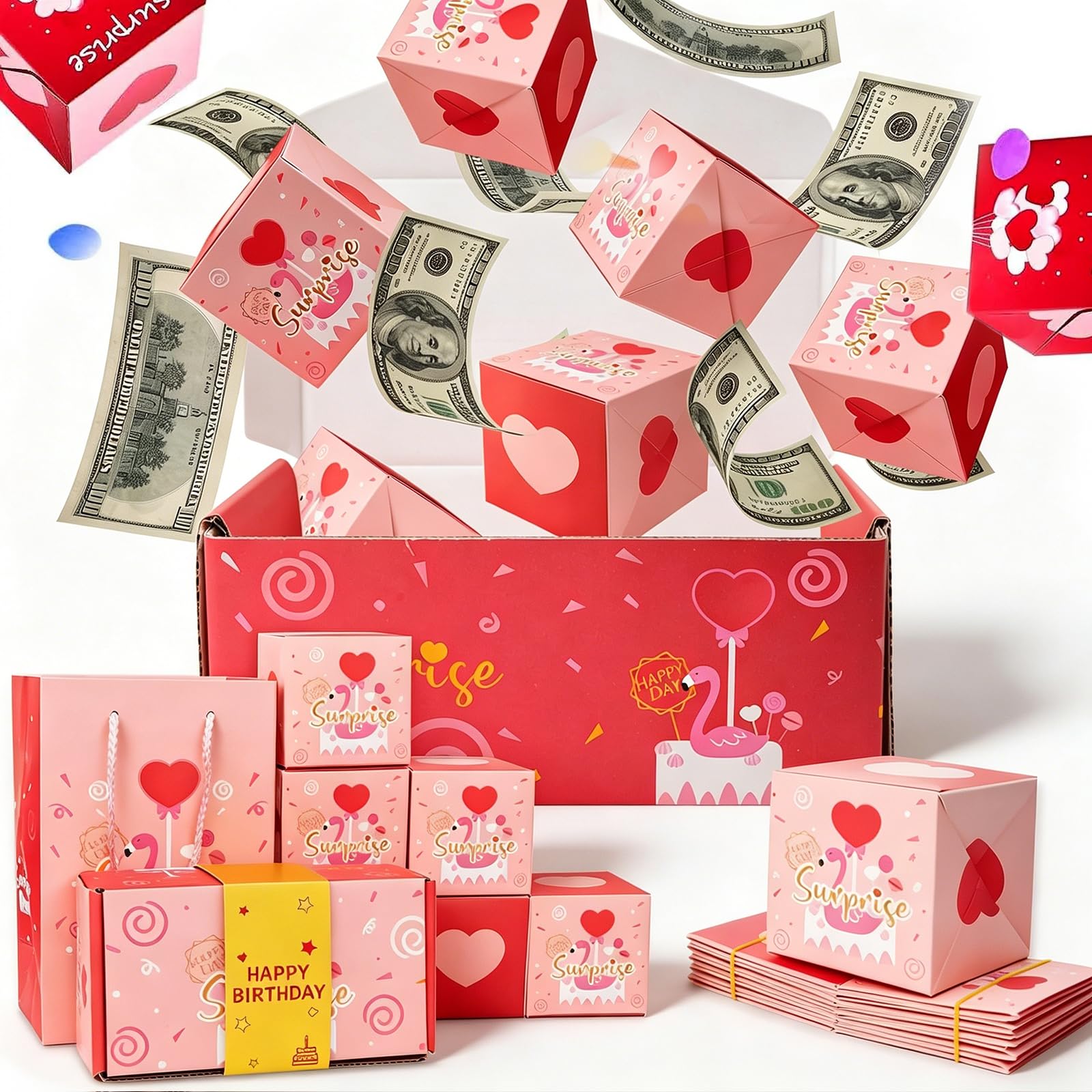 Yxelydriail Birthday Pop Up Explosion Gift Box, Black Gold Surprise Explosion for Money, Folding Bouncing Cash Boxes Money with 10 Jumping Boxes for Kids Boys Men Dad (Pink)
