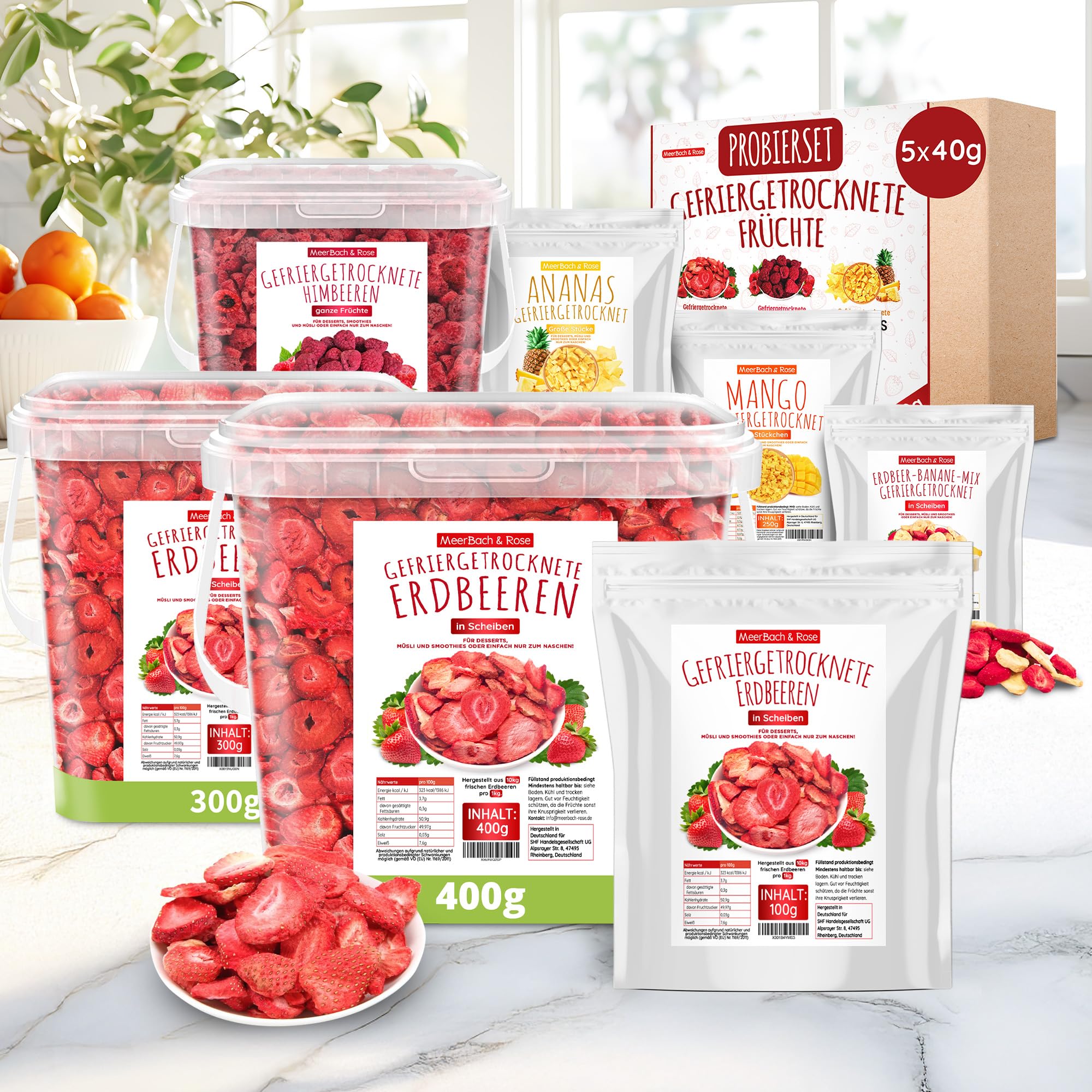 Gefriergetrocknete Erdbeeren 300g – 100% Frucht, ohne Zuckerzusatz – knusprige Erdbeerchips in SCHEIBEN – ideal für Müsli, Smoothie & Backen. Meerbach & Rose – Premium Qualität aus Deutschland.
