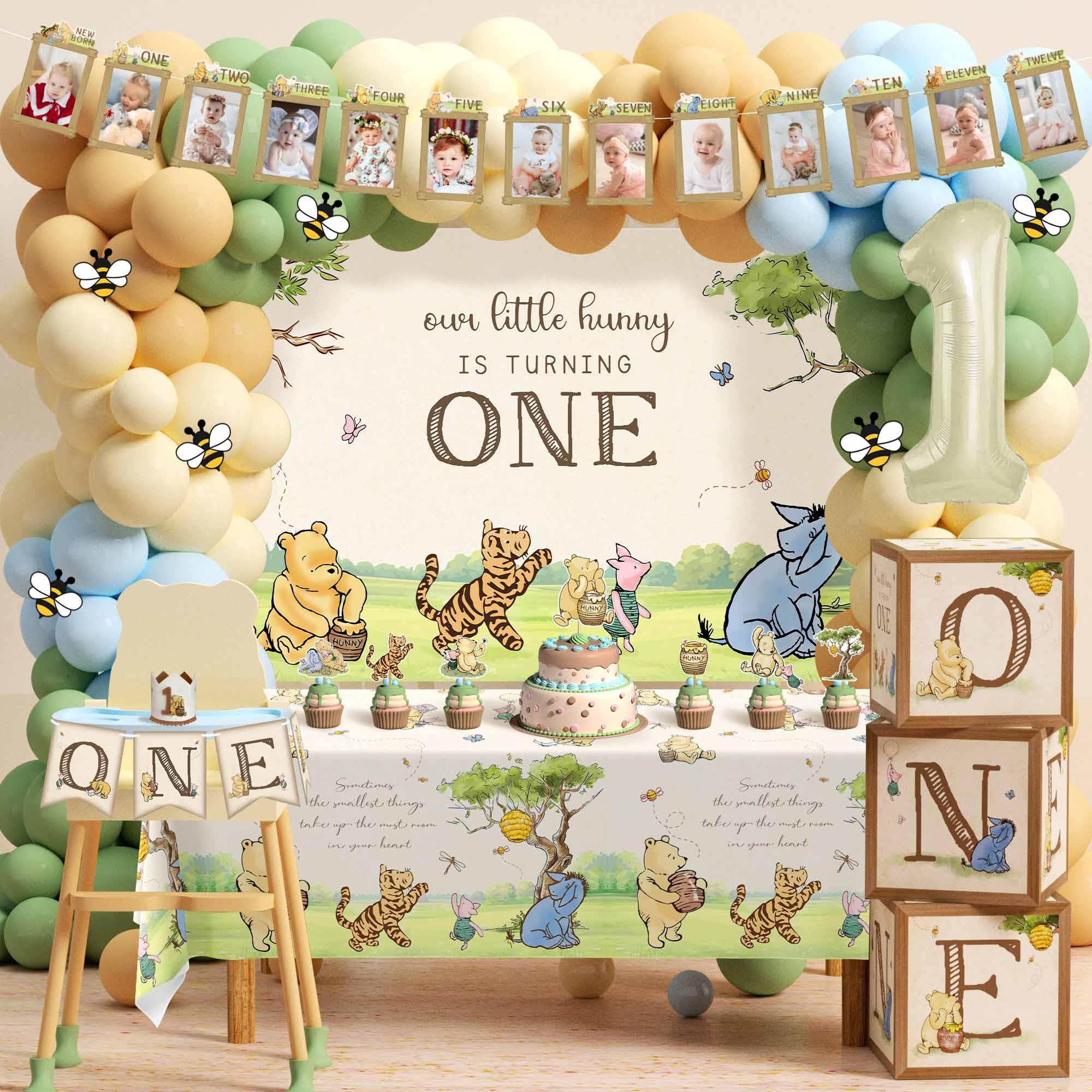 Photo 1 of 154pcs Winnie First Birthday Decorations Party Set, Classic Winnie Bear 1st Birthday Month Banner, High Chair Banner, ONE Box, Balloon Arch, Crown, Tablecloth, Backdrop, Cake Toppers and Stickers