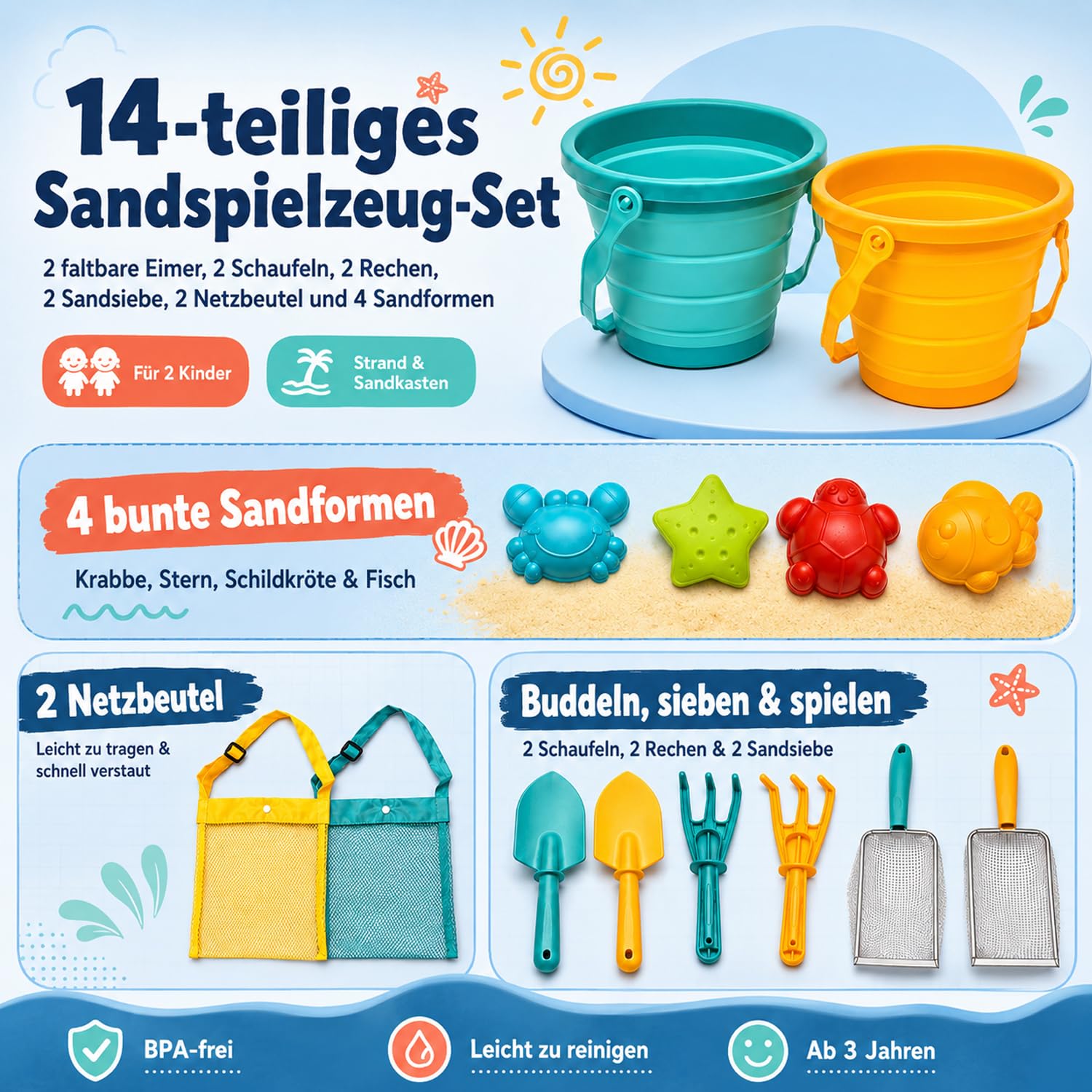 Sandspielzeug Set Kinder 14-teilig, Strandspielzeug mit 2 faltbaren Eimern, Schaufeln, Rechen, Sandsieben, Netzbeuteln & Sandformen, Sandkastenspielzeug für Strand Urlaub ab 3 Jahren