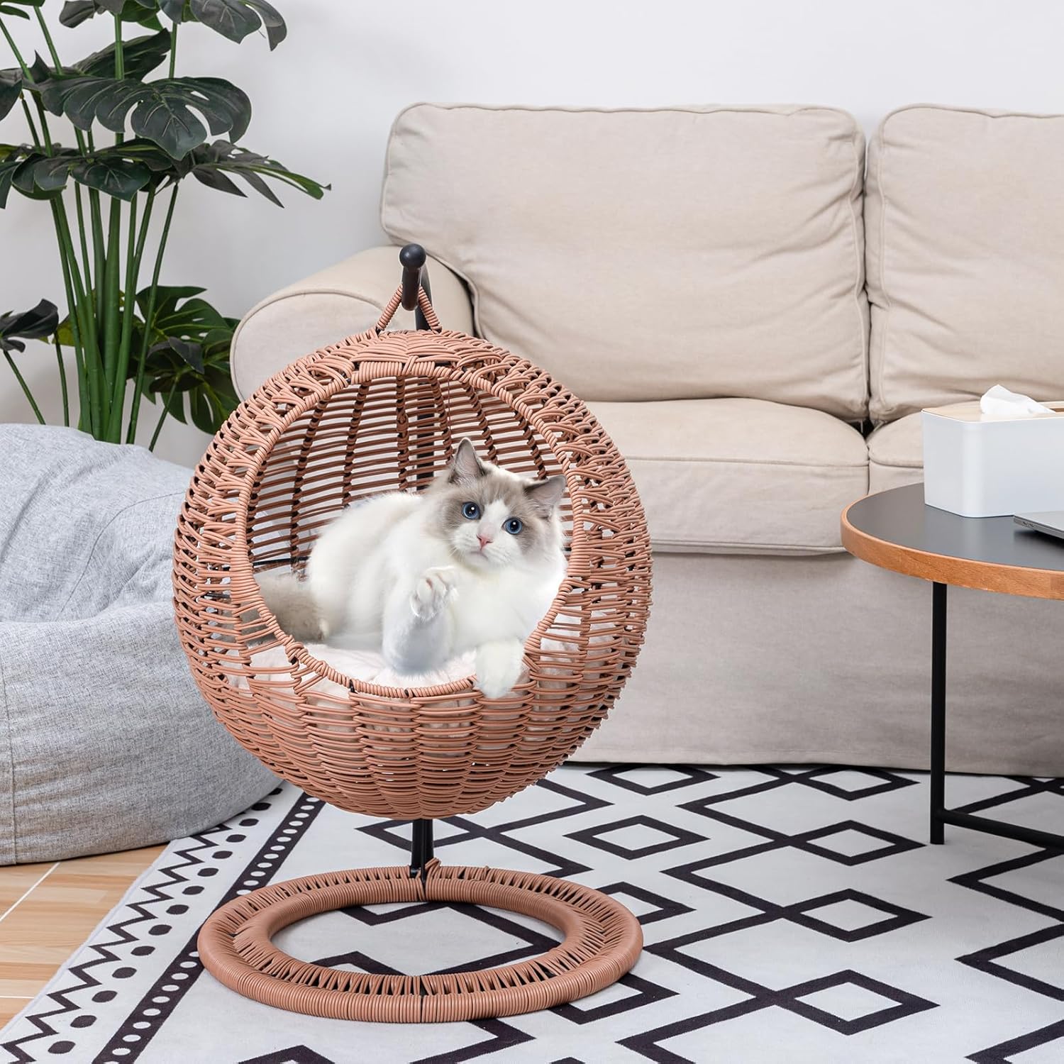 review Wicker Cat Bed Cat Hammock Bed, Rattan Cat Bed Hanging Cat Bed Cave Outdoor Cat Beds for Indoor Cats, Handmade Cat Egg Chair Cat Swinging Bed Cute Cat Bed House with Cushion & Hanging Toy