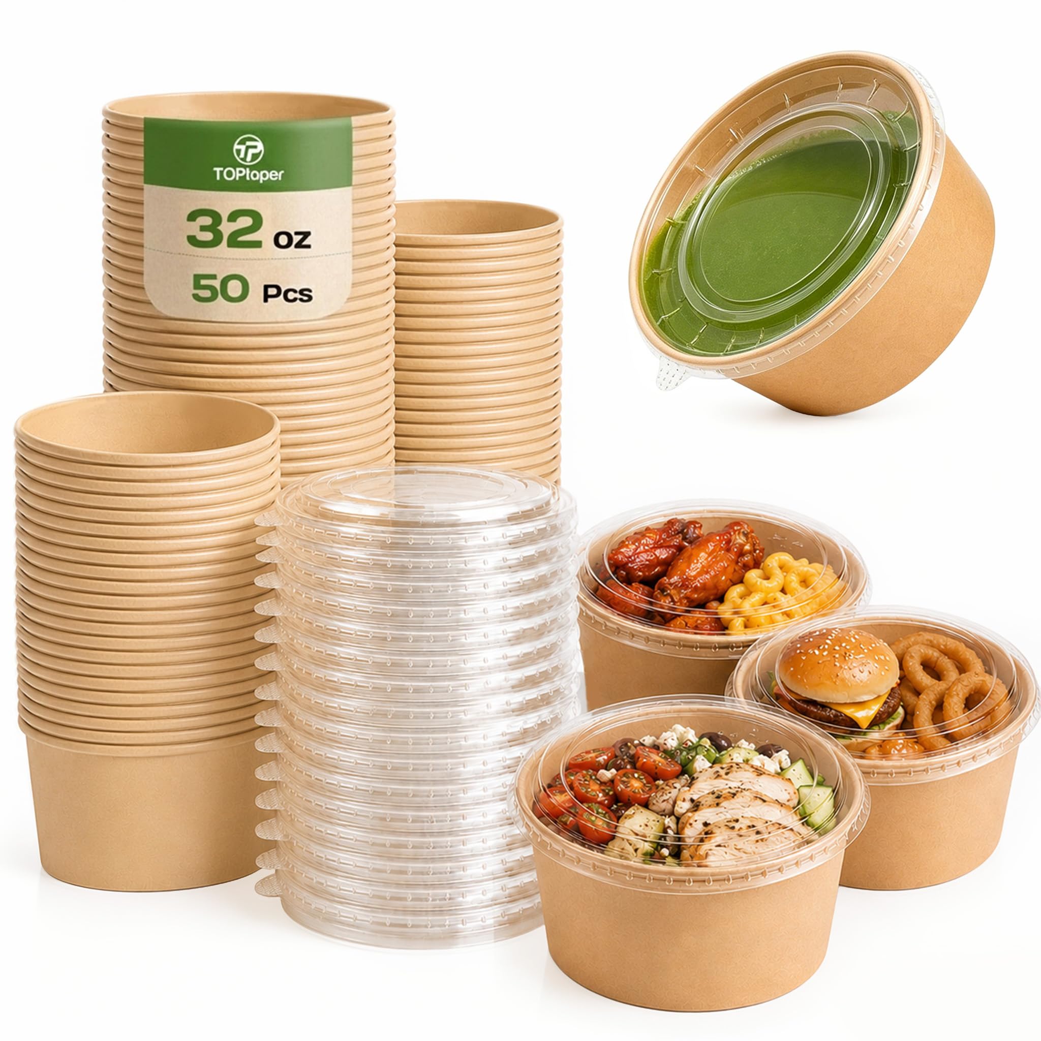 TOPtoper 50 Pcs 32 Oz Large Paper Bowls with Lids