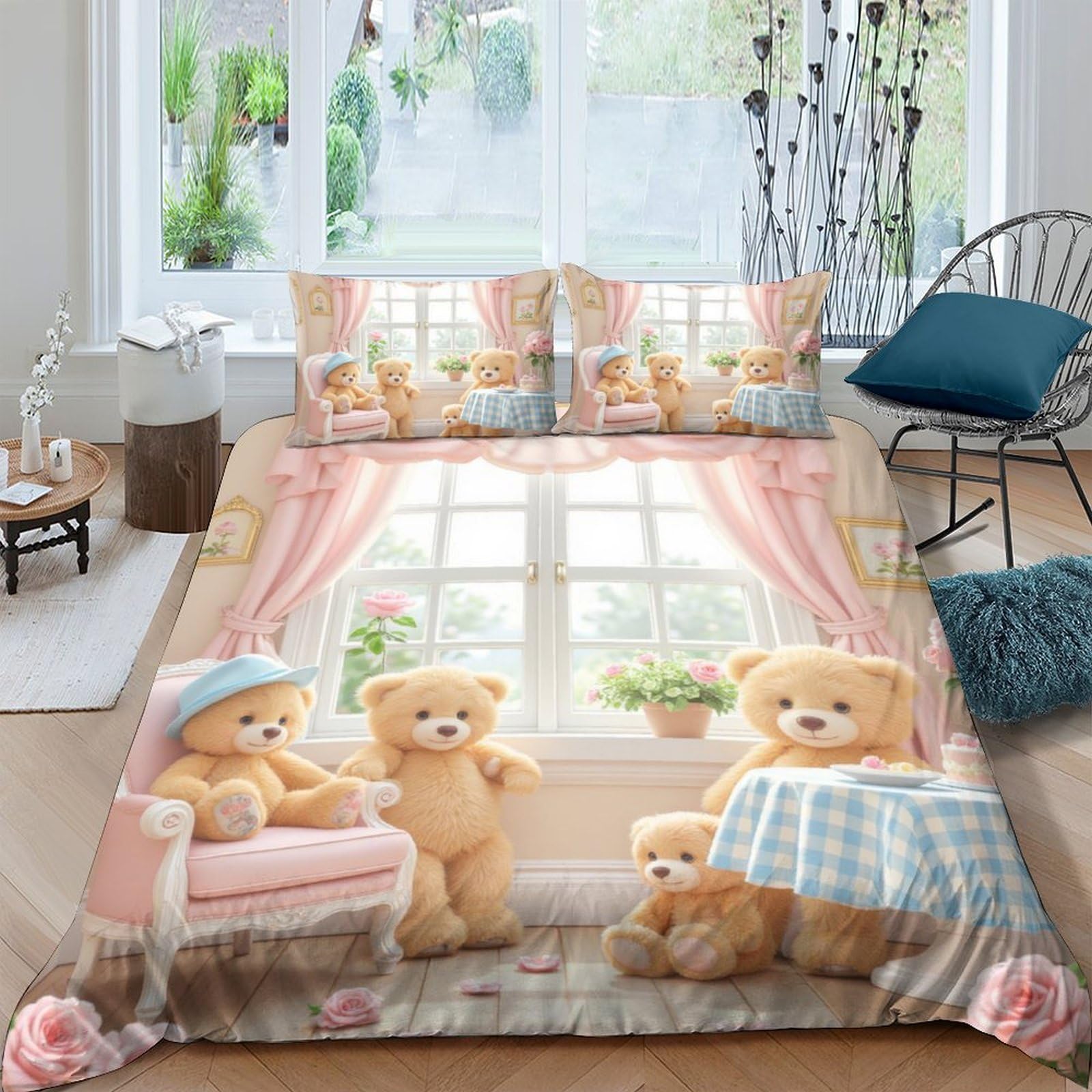 Ctjqhvkz Style-7 3D Printed Teddy Bear Window Fitted Sheet Microfiber Soft Pastel Pink Cartoon Mattress Cover Bedroom Dorm Decor Single（135X200cm）