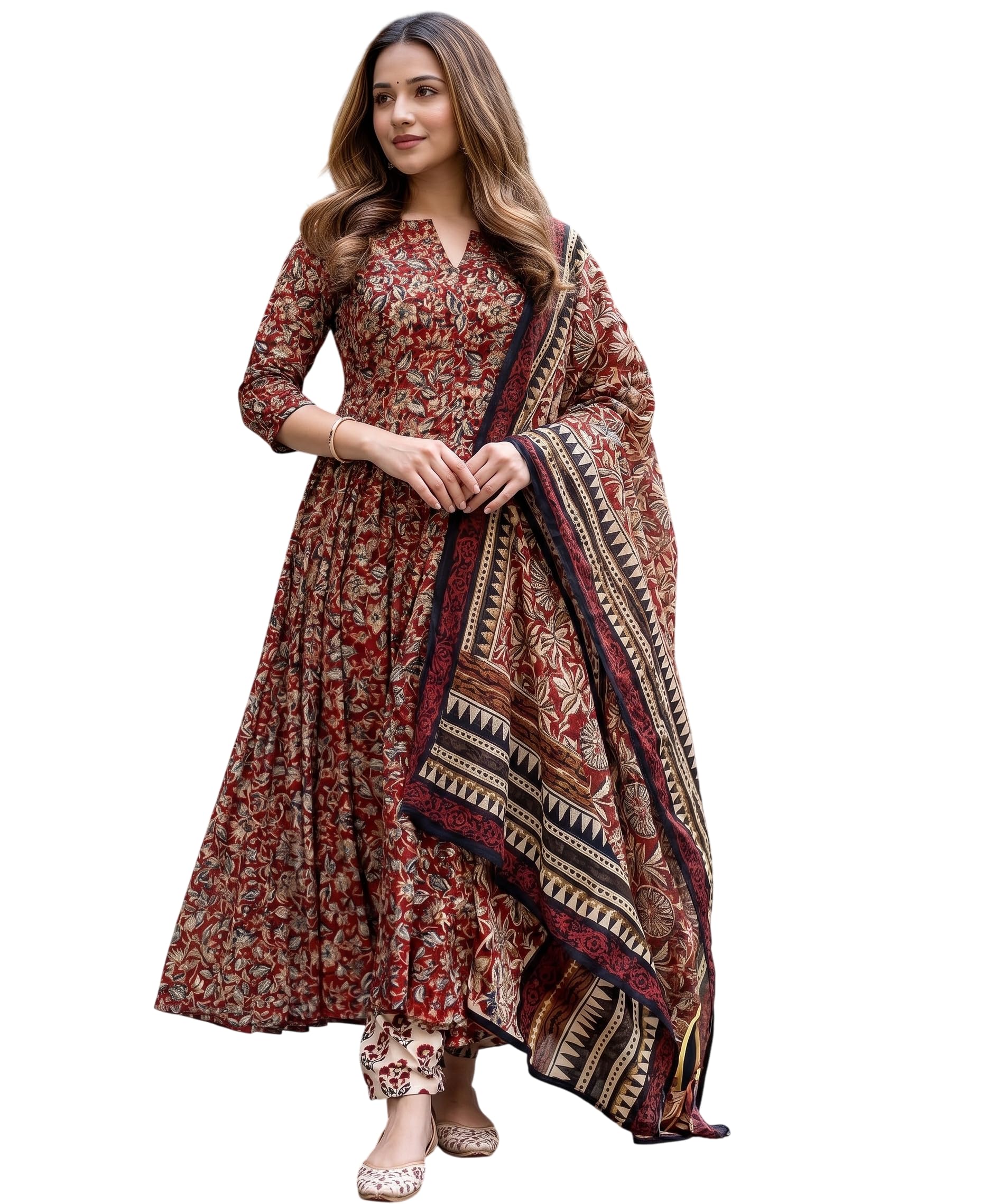 Women's Floral Print Flared Kurta Set with Matching Pant and Dupatta | Elegant Anarkali Suit Set for Festive Wedding Party Office Casual Wear (Maroon)-picture-48