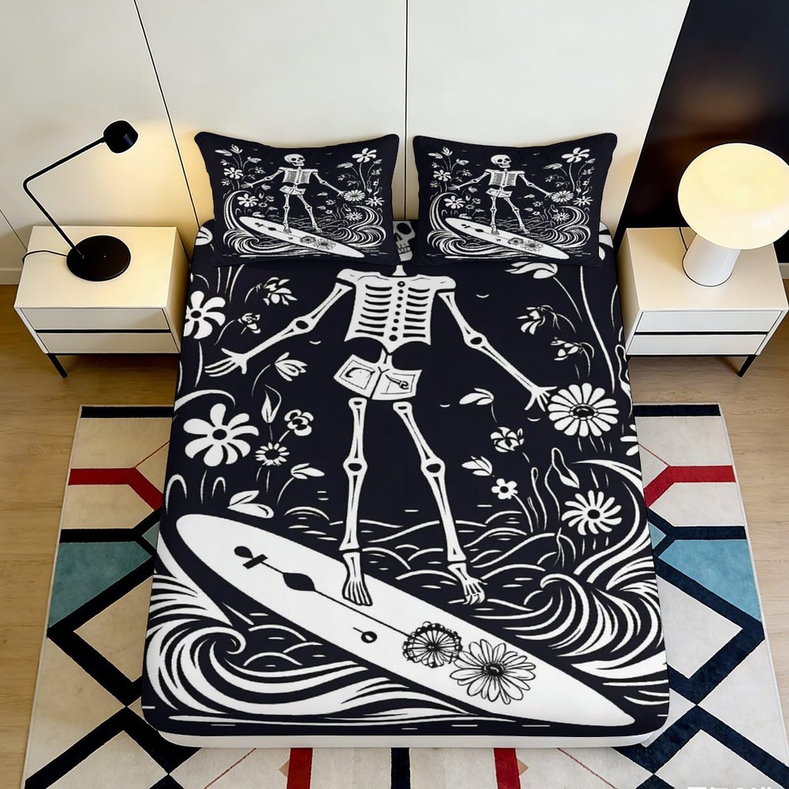 3D Printed Skeleton Surfing Fitted Sheet Microfiber Black Floral Mattress Cover for Bedroom Dorm Decoration 90x200x25cm