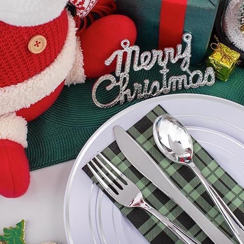 Miniatura 4 de WDF Paquete de 100 servilletas de Navidad desechables, servilletas de papel de Navidad de 3 capas con patrón de cuadros verdes y negros de alta
