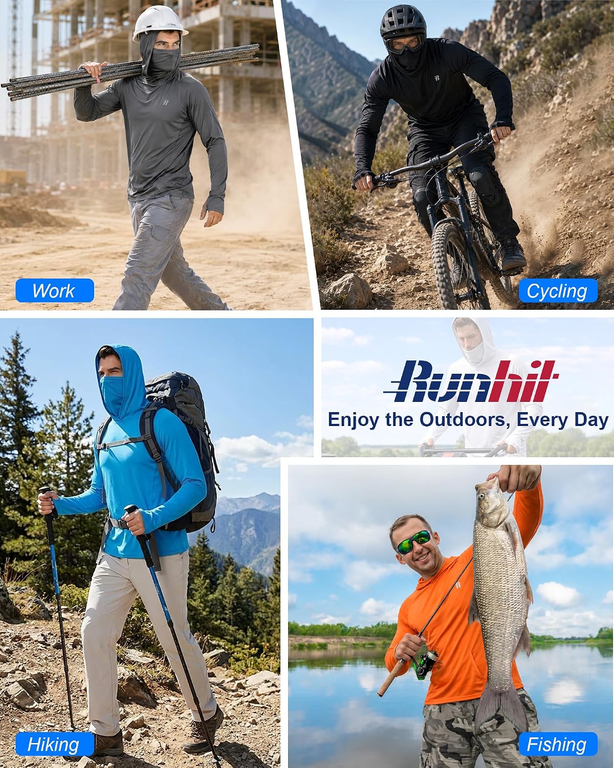 Runhit Mens UPF 50+ Fishing Shirt Hoodie with Mask UV Sun Protection Long Sleeve Shirt Rash Guard Hiking Lightweight Cooling