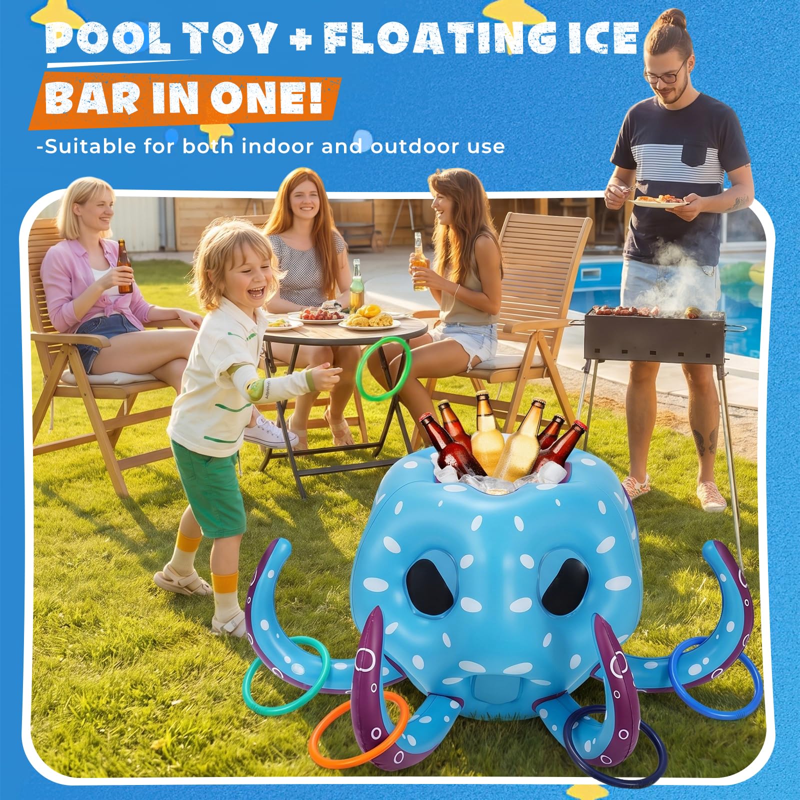 Juego de Piscina Hinchable Pulpo Niños, 2-en-1 Canasta de Baloncesto & Lanzamiento de Anillas, Juego Acuático Verano Playa, Regalo Cumpleaños para Niños Adultos Familia