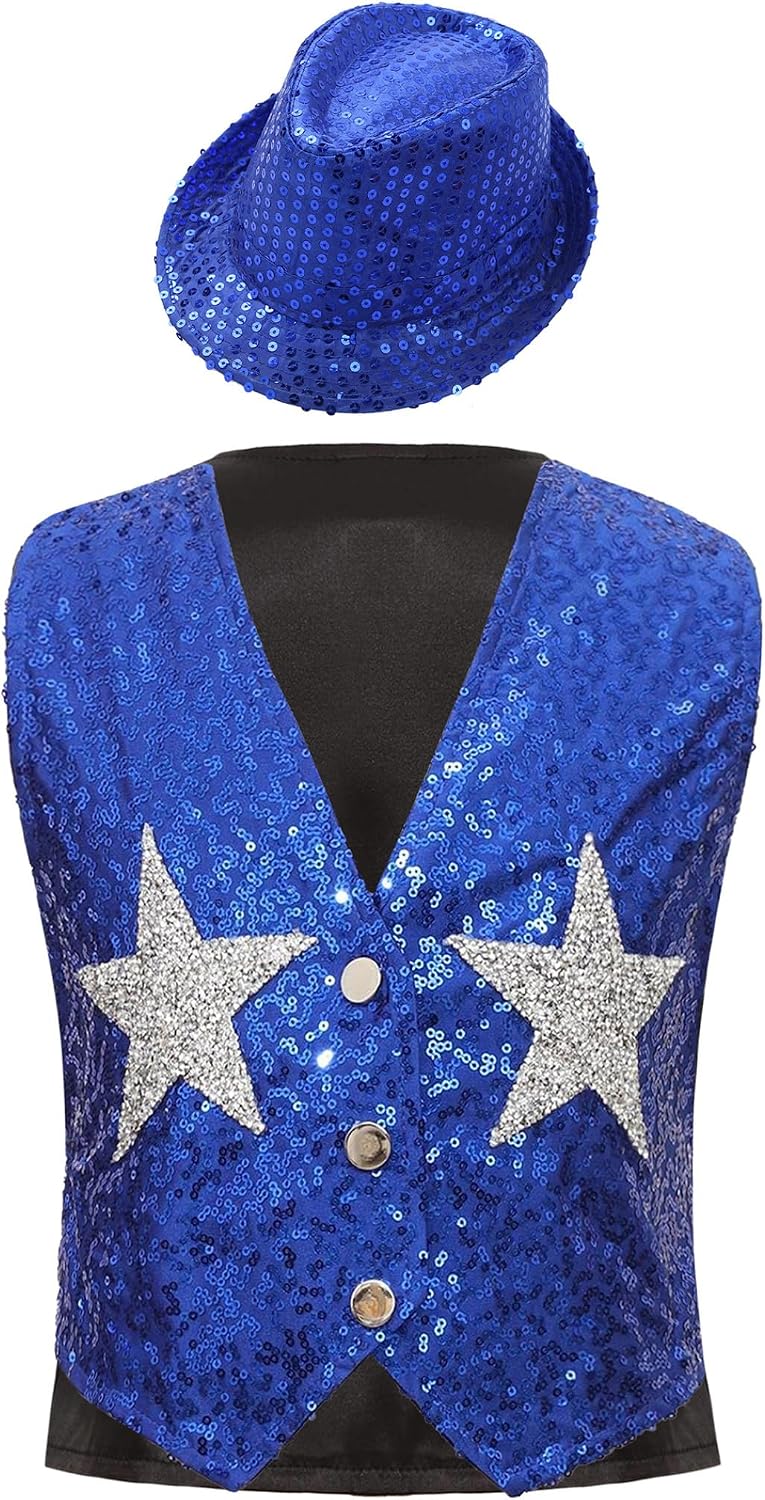 Kids Girls Boys Sequins Vest V Neck Buttons Waistcoat for Party Showing Stage Performance