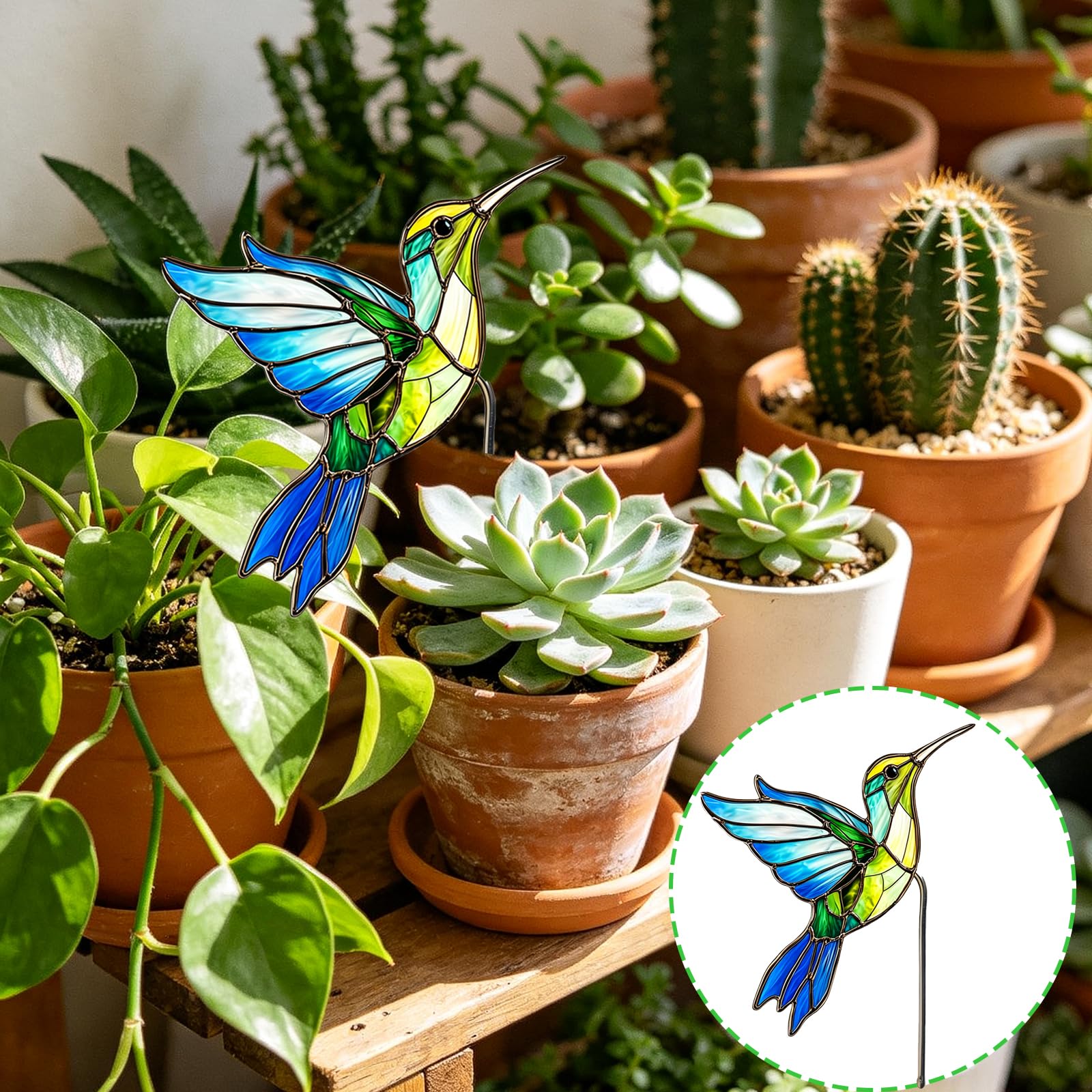 Aqua Blue Hummingbird Plant Decor - Farmhouse Style -7