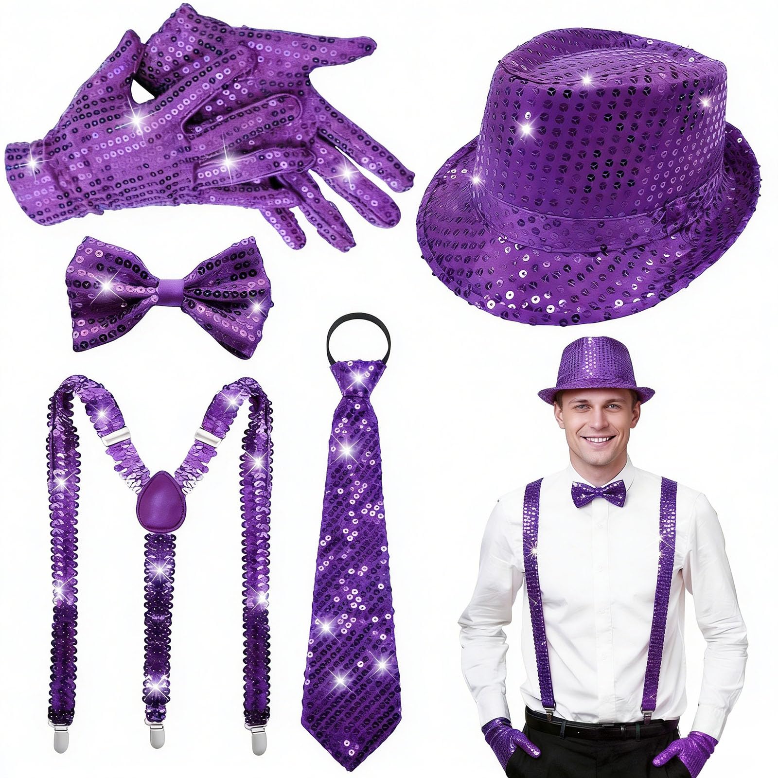 ELECLAND 6 Pieces 1970s Men Disco Accessories Set for Party Halloween Cosplay Hat Bow Tie Gloves Necktie Suspenders (Purple)