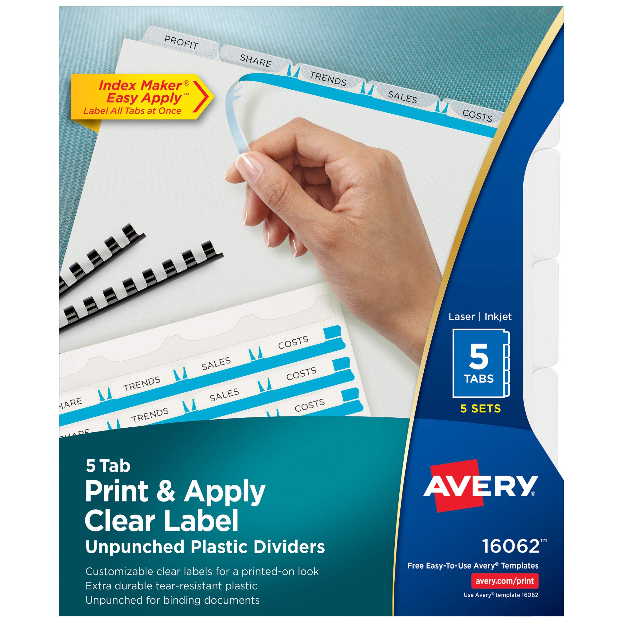 Avery 16062 Avery Rdy Indx Transluc Unpnchd TBL/Cntnts Dvdrs, 5-Tb, Letter, CLR, 5 STS/Pk