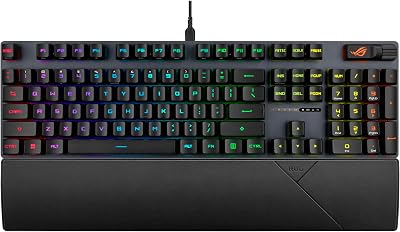 ASUS ROG Strix Scope II Gaming Keyboard, pre-lubed ROG RX Red Linear Optical switches, Sound-dampening Foam, PBT doubleshot keycaps, Streaming hotkeys, Multi-Function Controls, Wrist Rest
