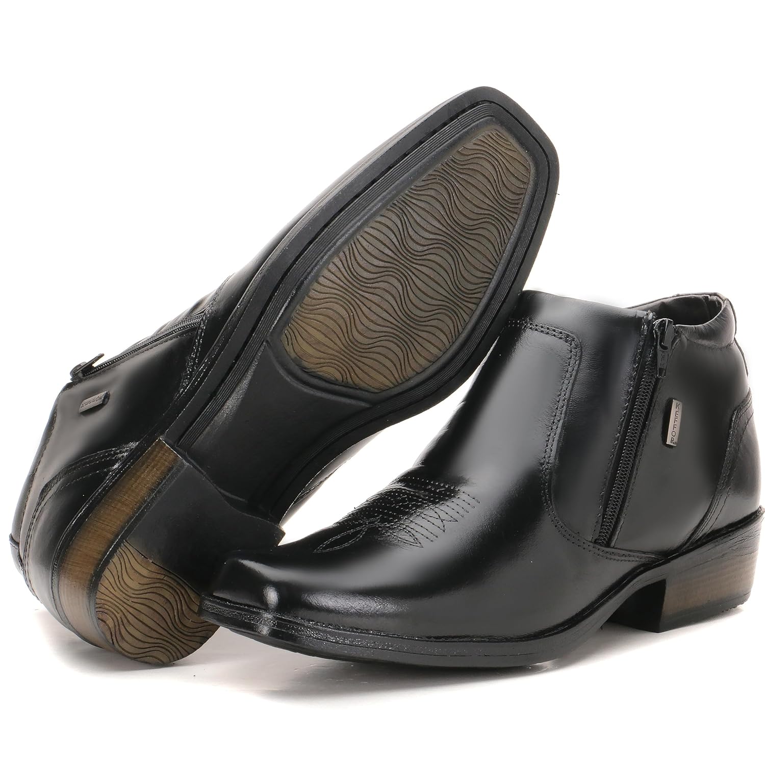 Bota Masculina Social De Couro Zíper Salto Bico Quadrado Country Sola Costurada Macio