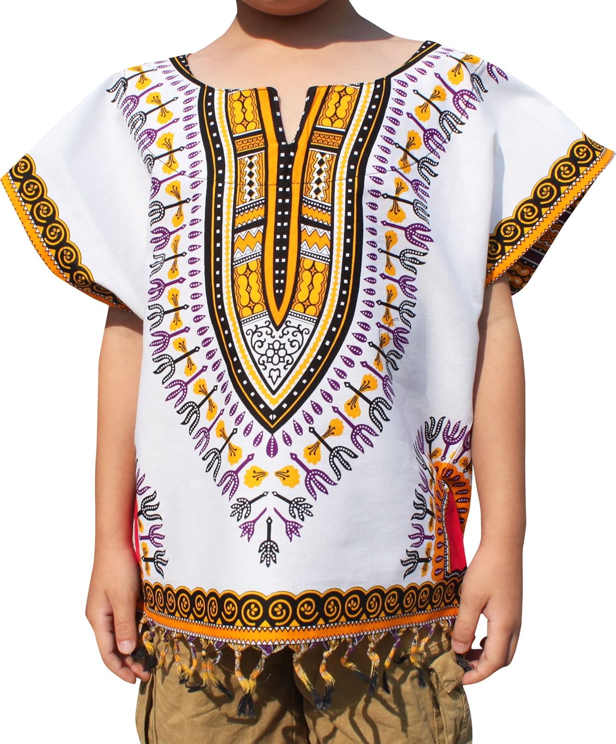 RaanPahMuang Bright Africa White Shirt Childs Dashiki Decorated with Tassels