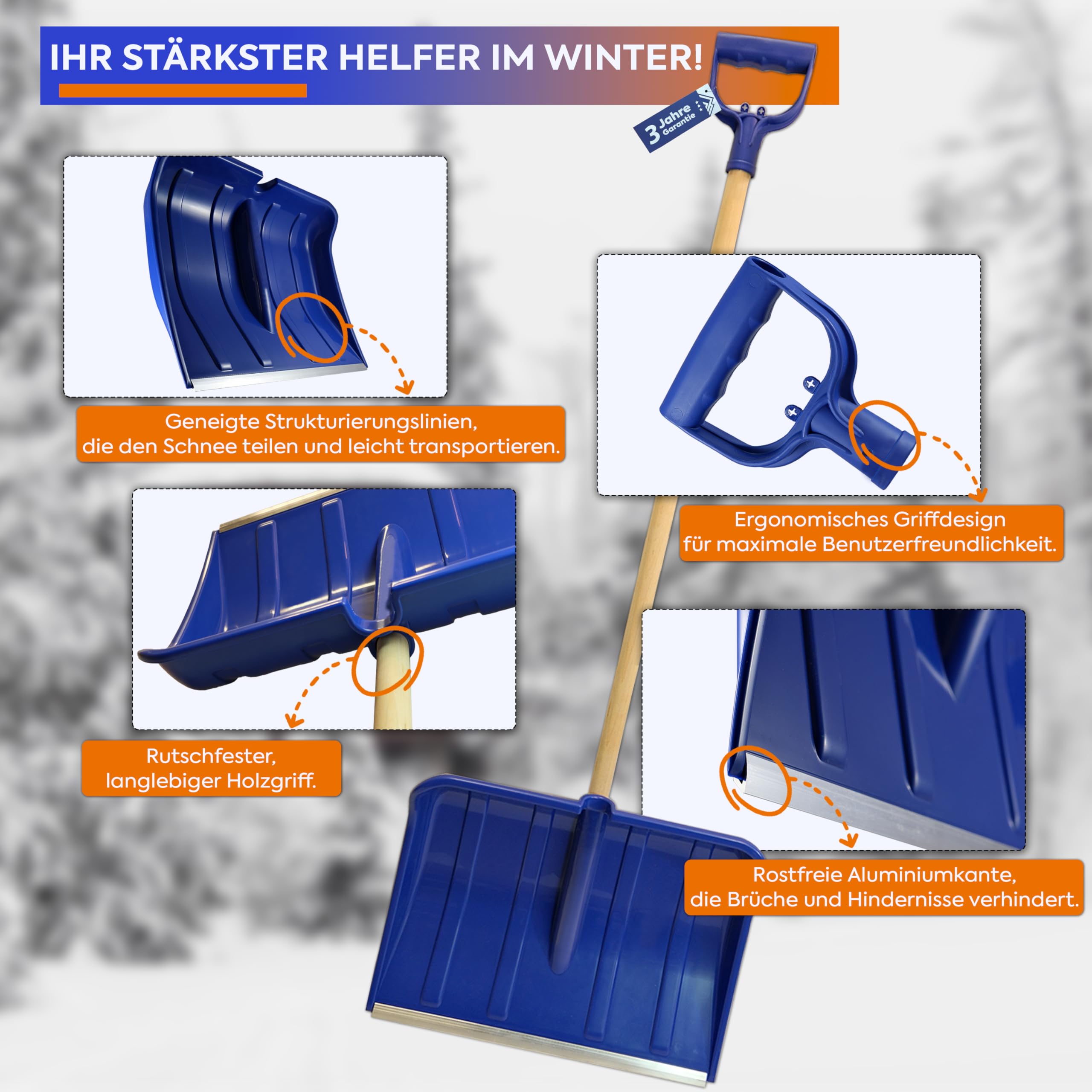 Schneeschaufel 140 cm mit Aluminium-Blatt – 49 cm breit, robuste Schneeschippe für Winterdienst, leicht & ergonomischer Schneeschieber