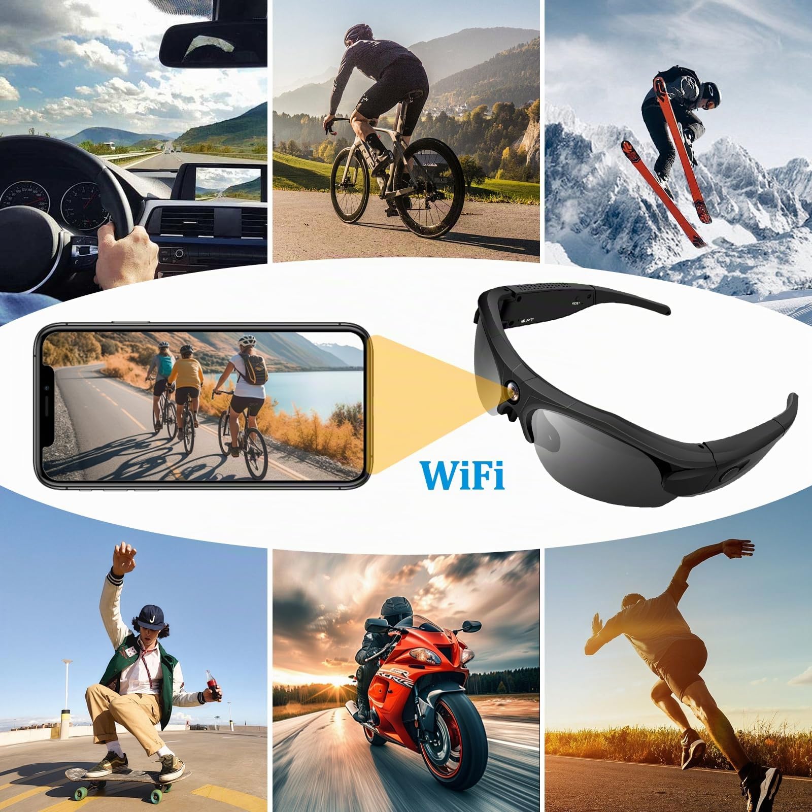 Gafas con Camara 4K WiFi 120° Gran Angular, Lentes Polarizadas | 100min batería, 256GB SD, grabación en bucle, lentes UV, estuche incluido