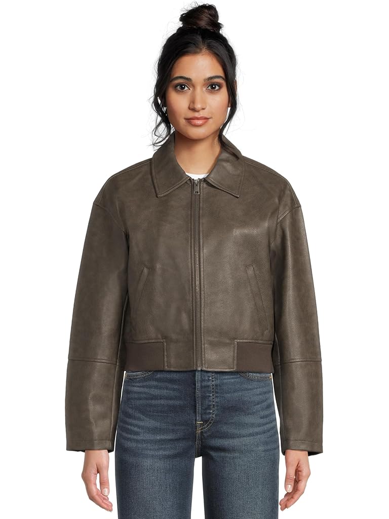 Gray Levi's® Faux Leather Bomber With Laydown Collar