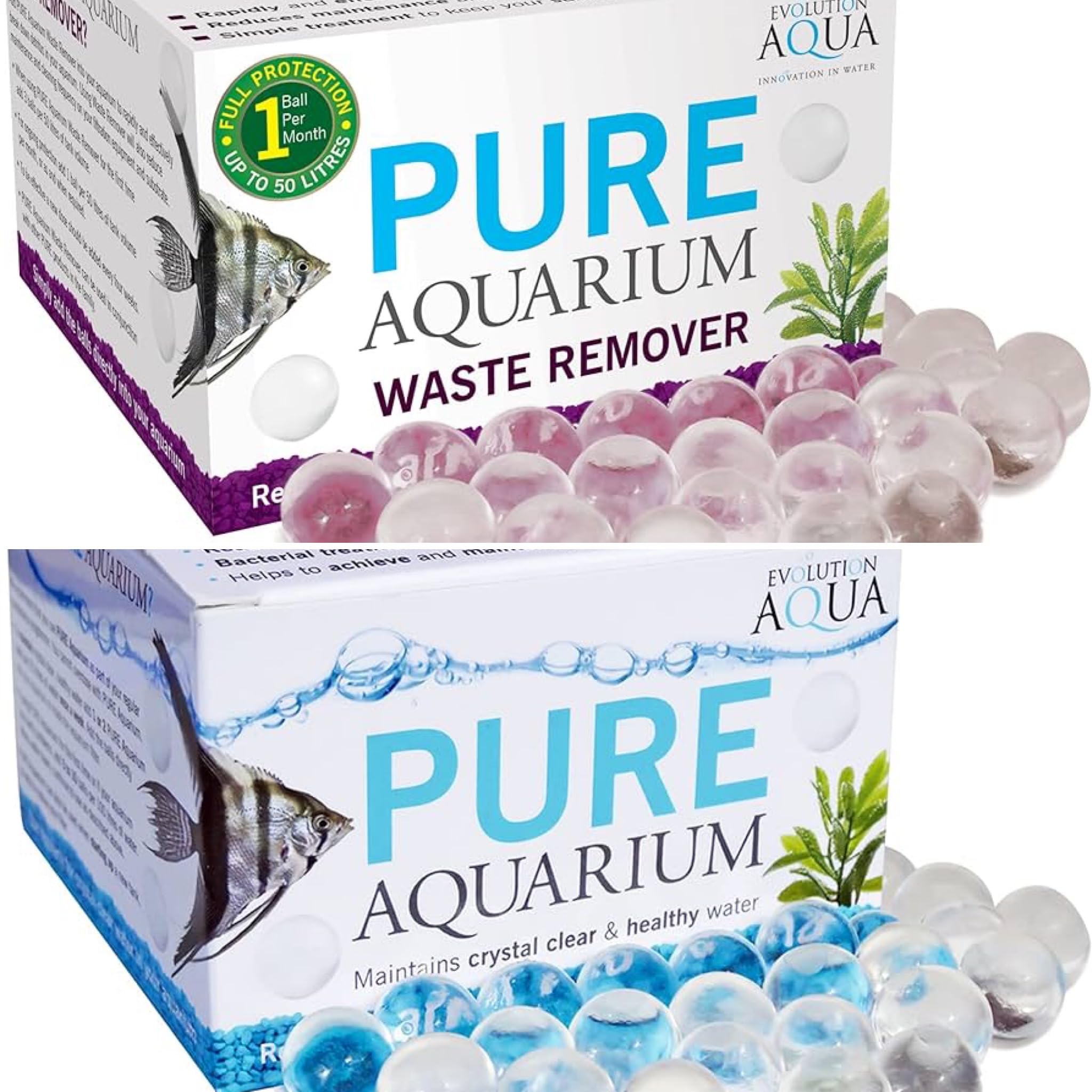 Evolution Aqua Tropical Fish Tank Duo Pack 1x Pure Waste Remover | 15 Ball Tub & 1x Pure Aquarium | 50 Ball Tub - Value Pack Offers Complete Natural Tank Treatments