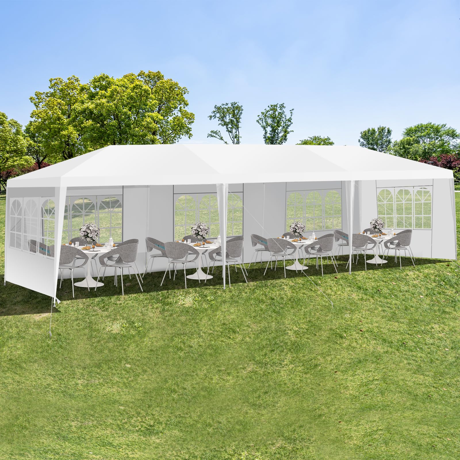 COSTWAY Gazebo da Giardino 3 x 9 m, Tendone per Feste con 5 Pannelli Laterali Rimovibili, Impermeabile Protezione UV, per Matrimonio Eventi e Barbecue