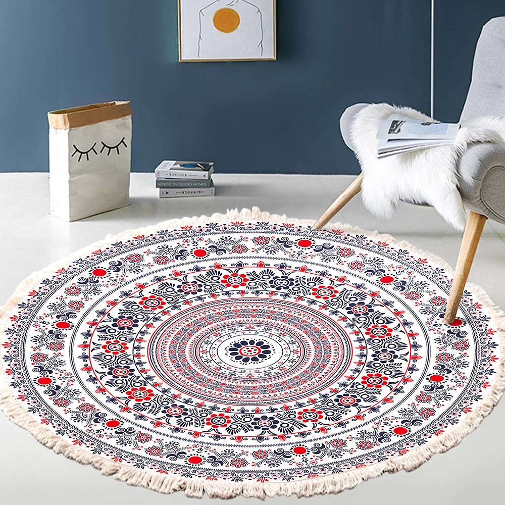 Vintage Boho Cotton Rugs, Mandala Pattern, Washable Hand Woven Bohemian Round Rug with Tassels for Bedroom Hallway