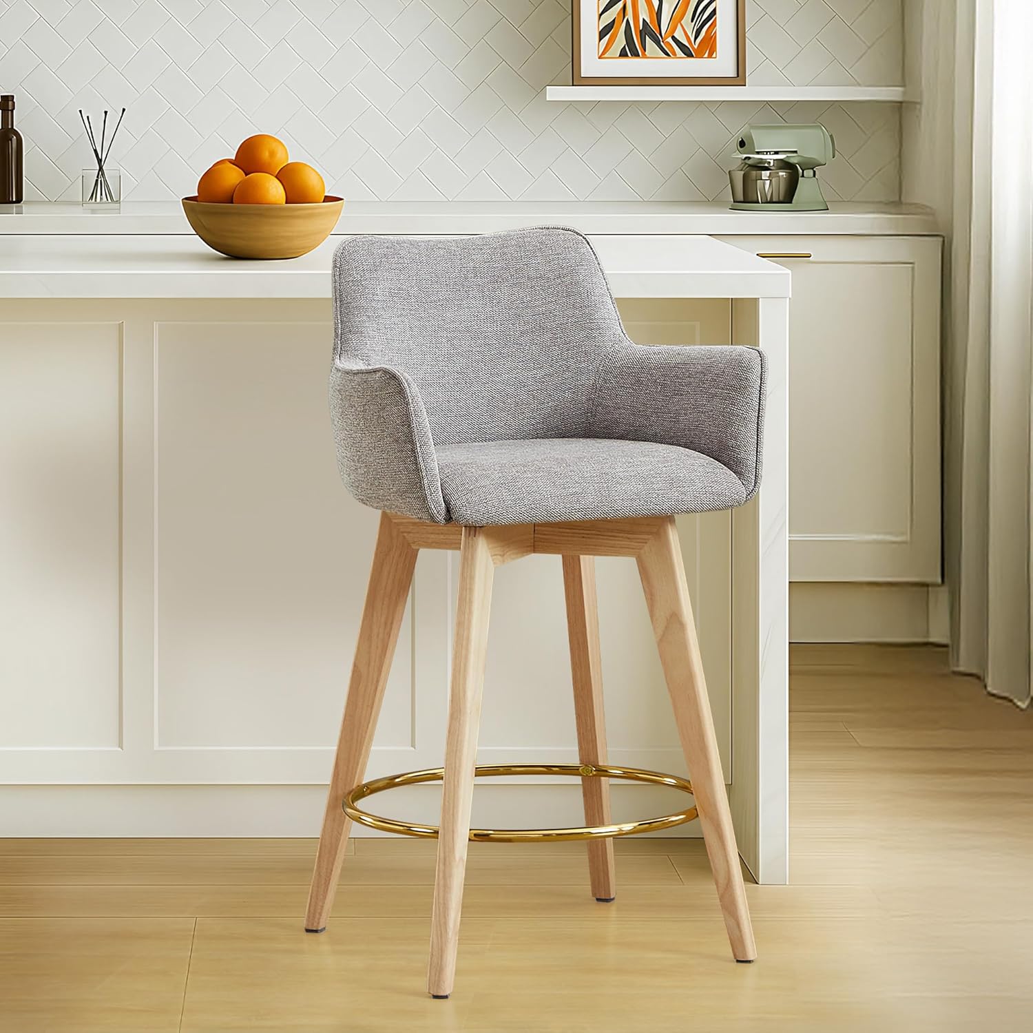 Swivel Counter Stools with Backs, Linen Upholstered Bar Stools with Arms and Solid Wood Legs, 26 Inch Modern Bar Stools for Kitchen Island, Home Pub (Grey, Set of 1)